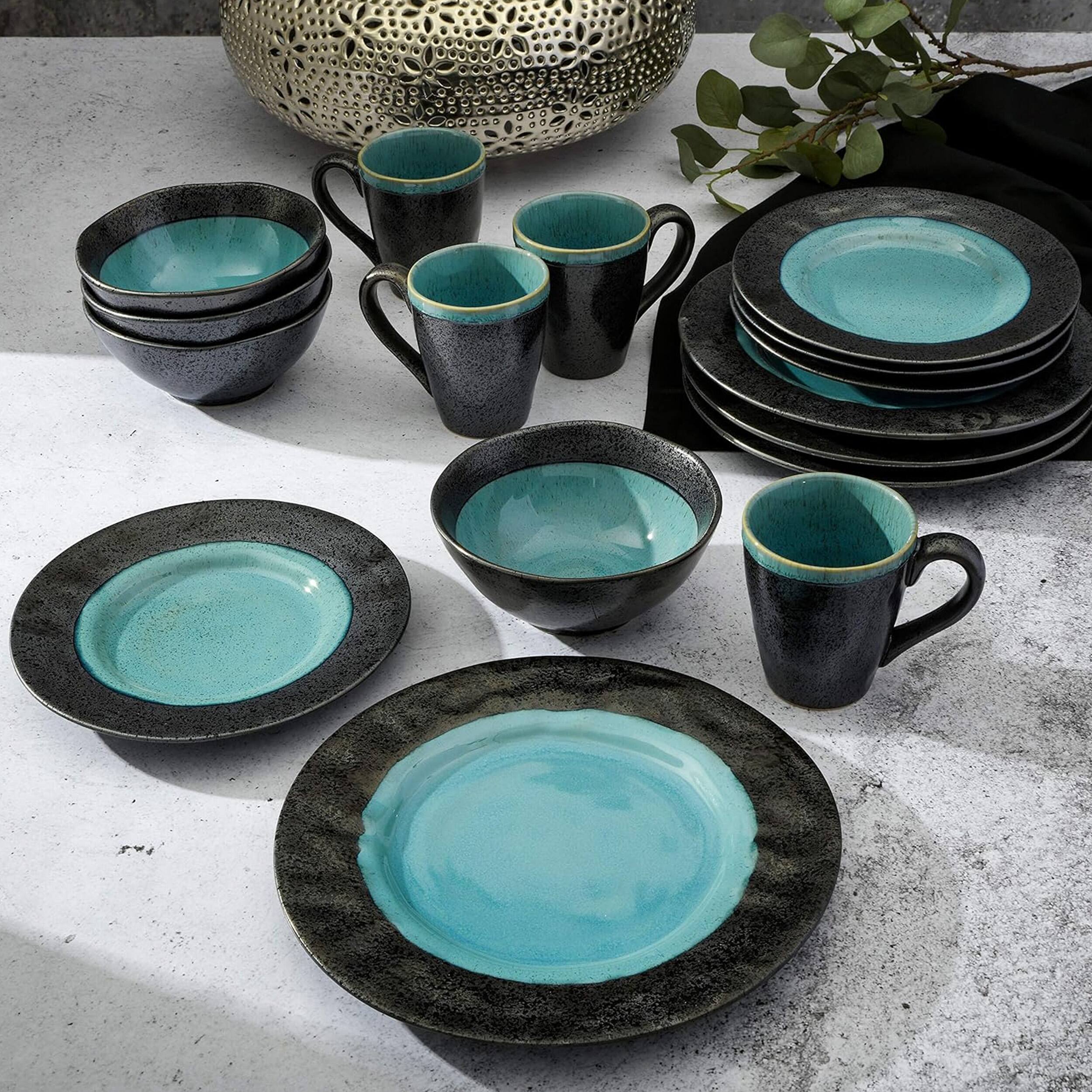 Alt View 5. Gibson - Gibson Elite Dragonstone 16 Piece Stoneware Reactive Glaze Dinnerware Set in Aqua - Aqua.