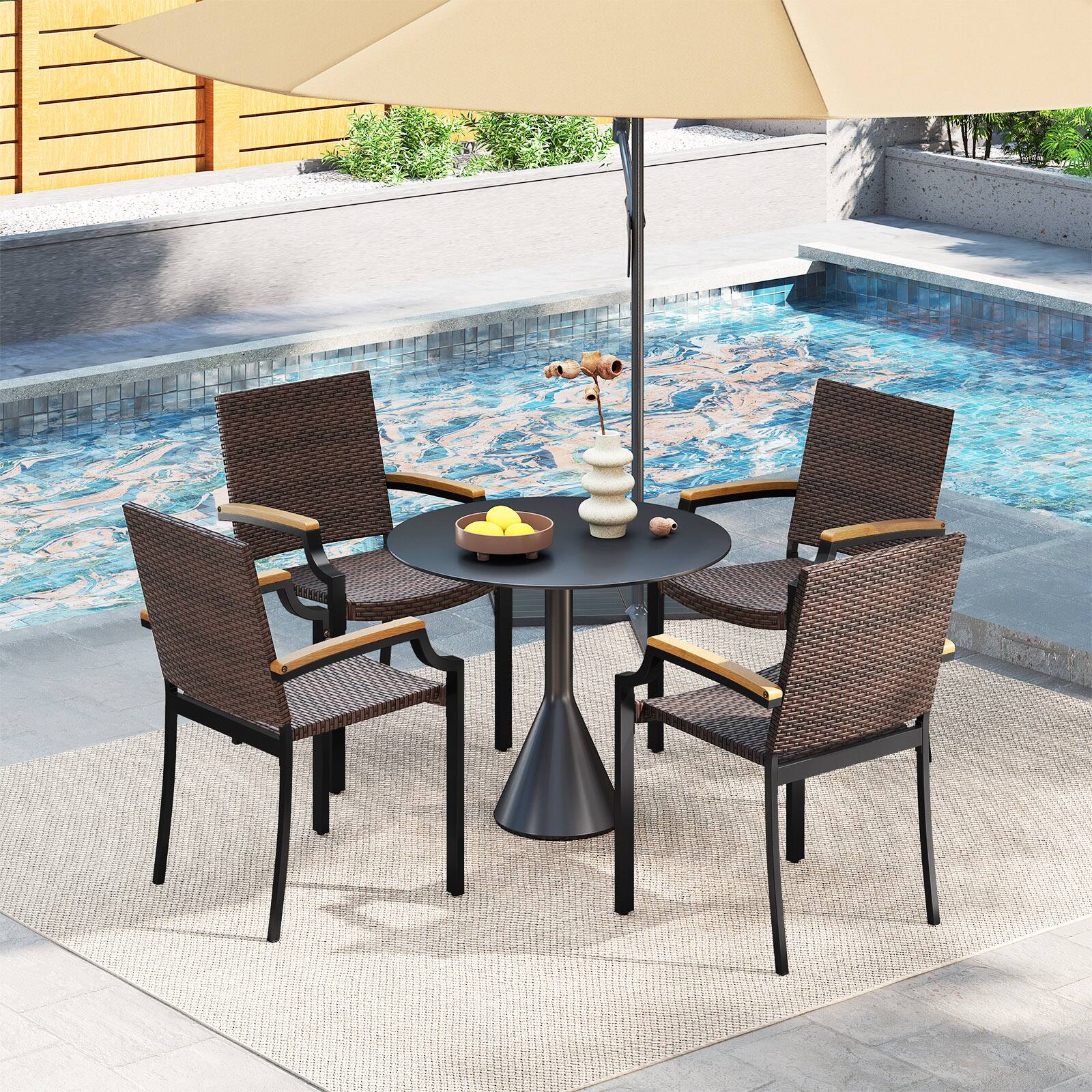 Alt View 3. Gymax - Gymax Stacking Wicker Chairs Set of 4 w/Acacia Wood Armrests & Metal Frame Outdoor - Brown.