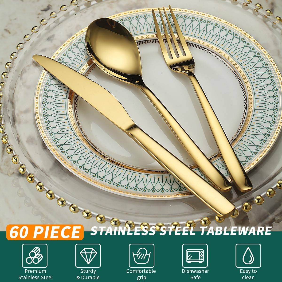 Left. Dazzed Corner - Gold Wedding Silverware Set 60pcs Service for 20, Titanium Plating Stainless Steel - NY22XH7.