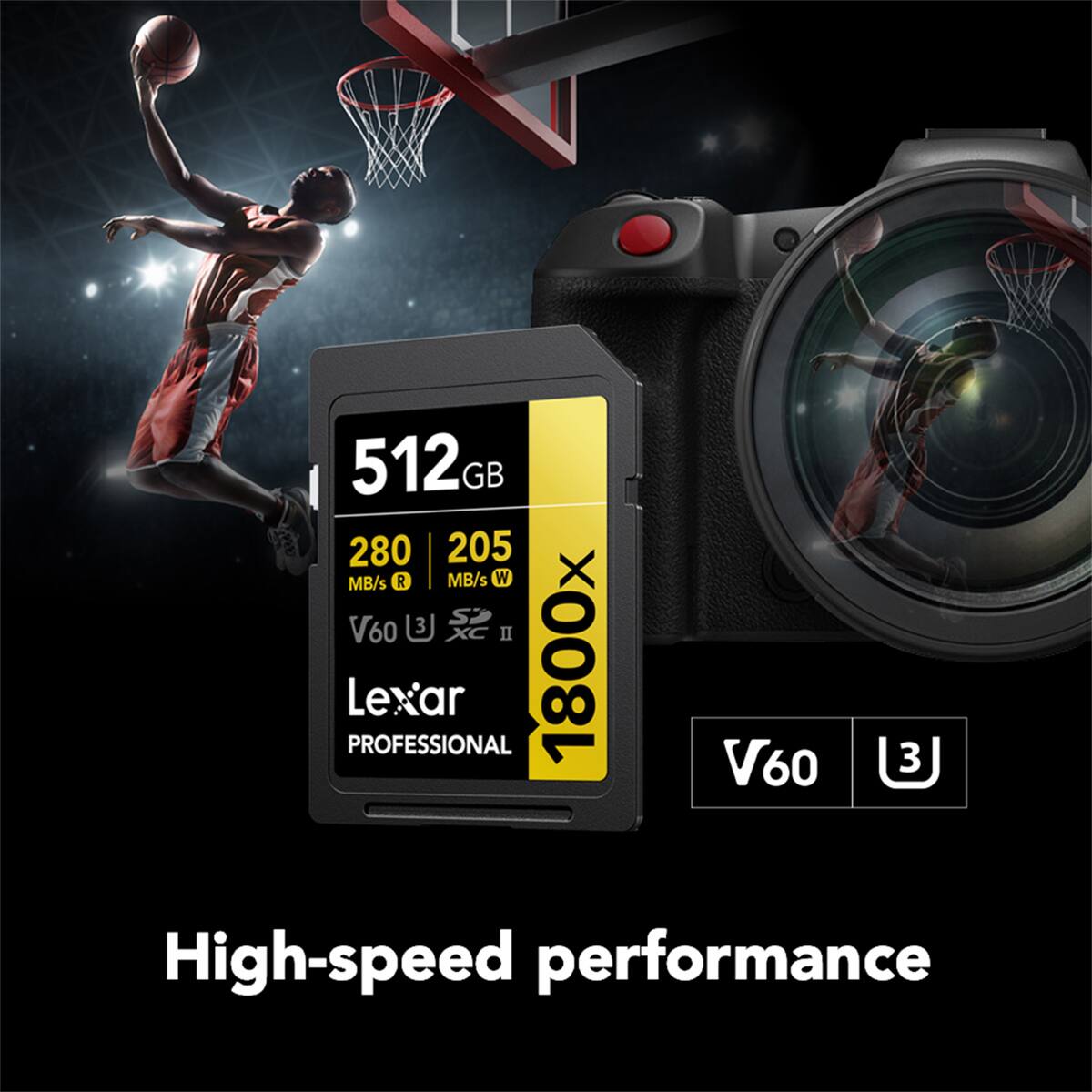 512GB  
280 MB/s R  
205 MB/s W  
V60  
1800x  
Lexar Professional  
High-speed performance