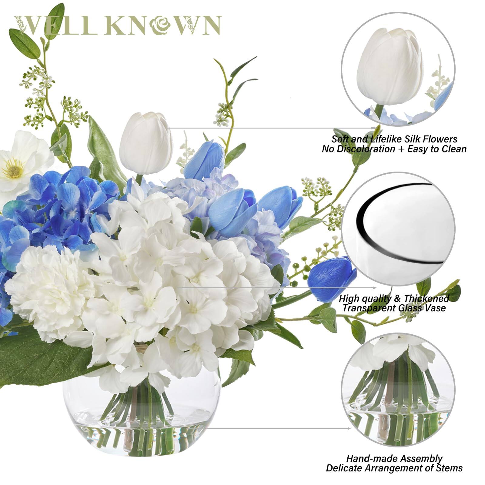 WELL KNOWN

Soft and Lifelike Silk Flowers  
No Discoloration + Easy to Clean

High quality & Thickened Transparent Glass Vase

Hand-made Assembly  
Delicate Arrangement of Stems