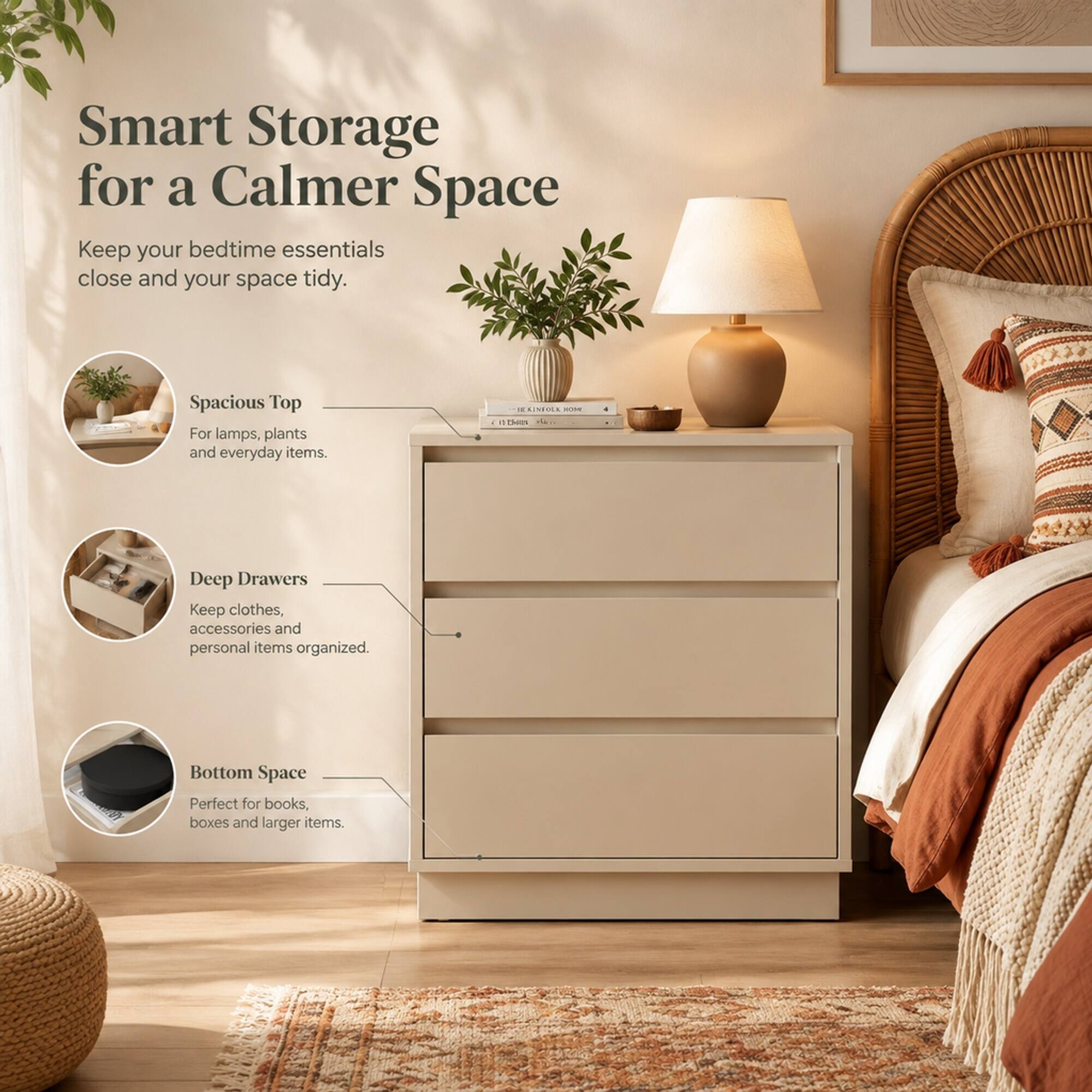 Smart Storage for a Calmer Space  
Keep your bedtime essentials close and your space tidy.  

Spacious Top  
For lamps, plants and everyday items.  

Deep Drawers  
Keep clothes, accessories and personal items organized.  

Bottom Space  
Perfect for books, boxes and larger items.  

EKINFOLK ocee R 10485