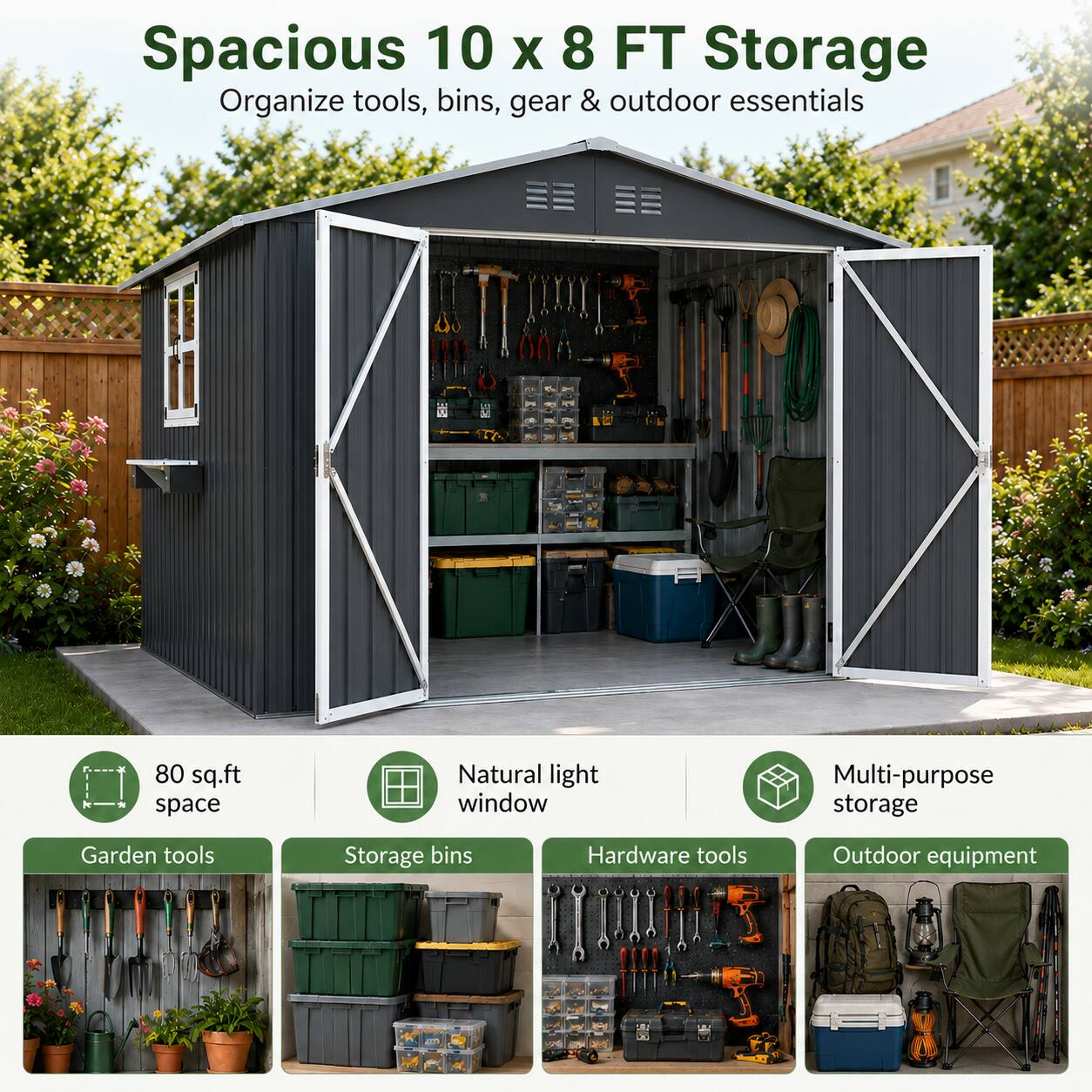 Anysun 10x8 FT Outdoor Metal Storage Shed with Window & Flower