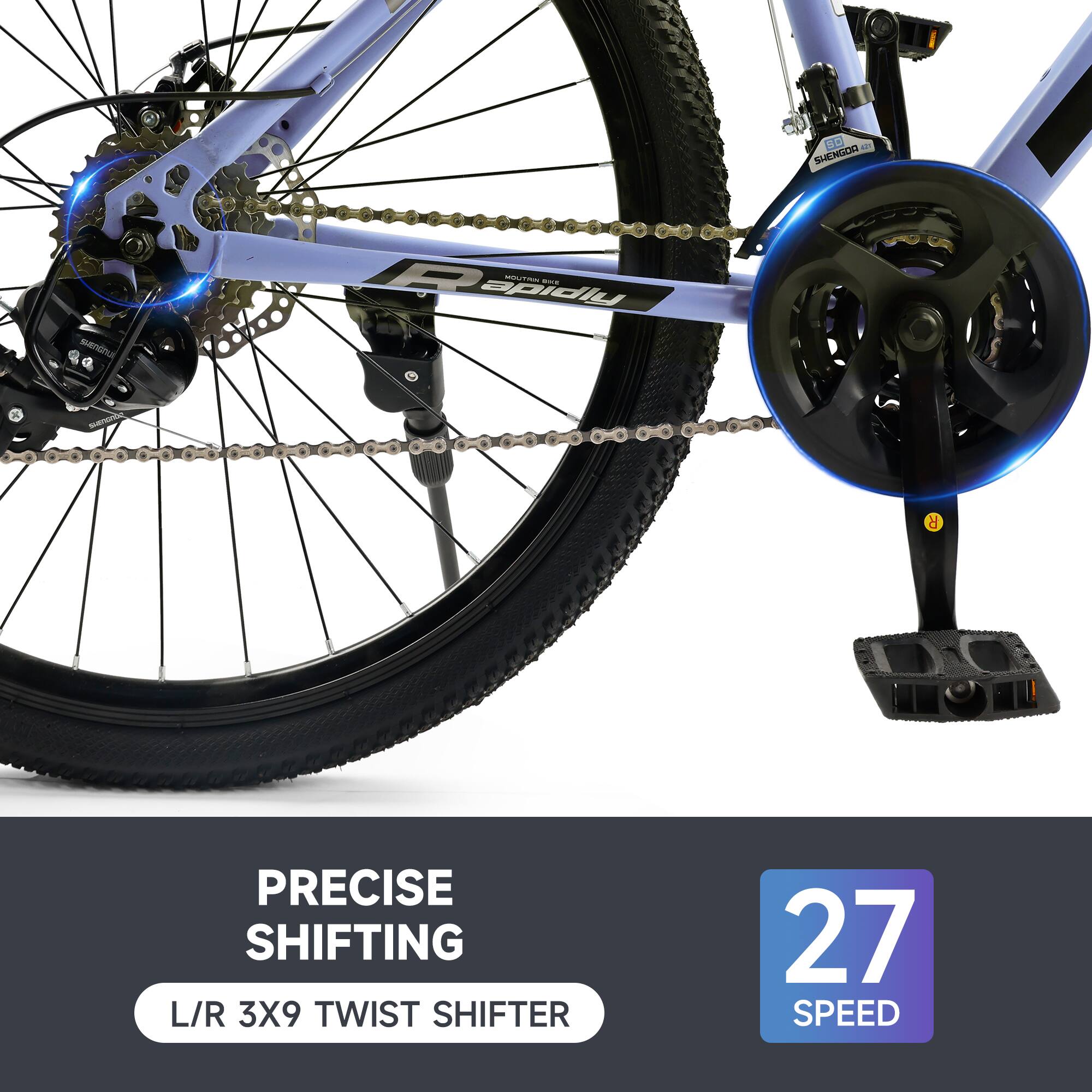 Sure, here is the corrected and grouped text:

- **PRECISE SHIFTING**
  - L/R 3X9 TWIST SHIFTER
- **27 SPEED**