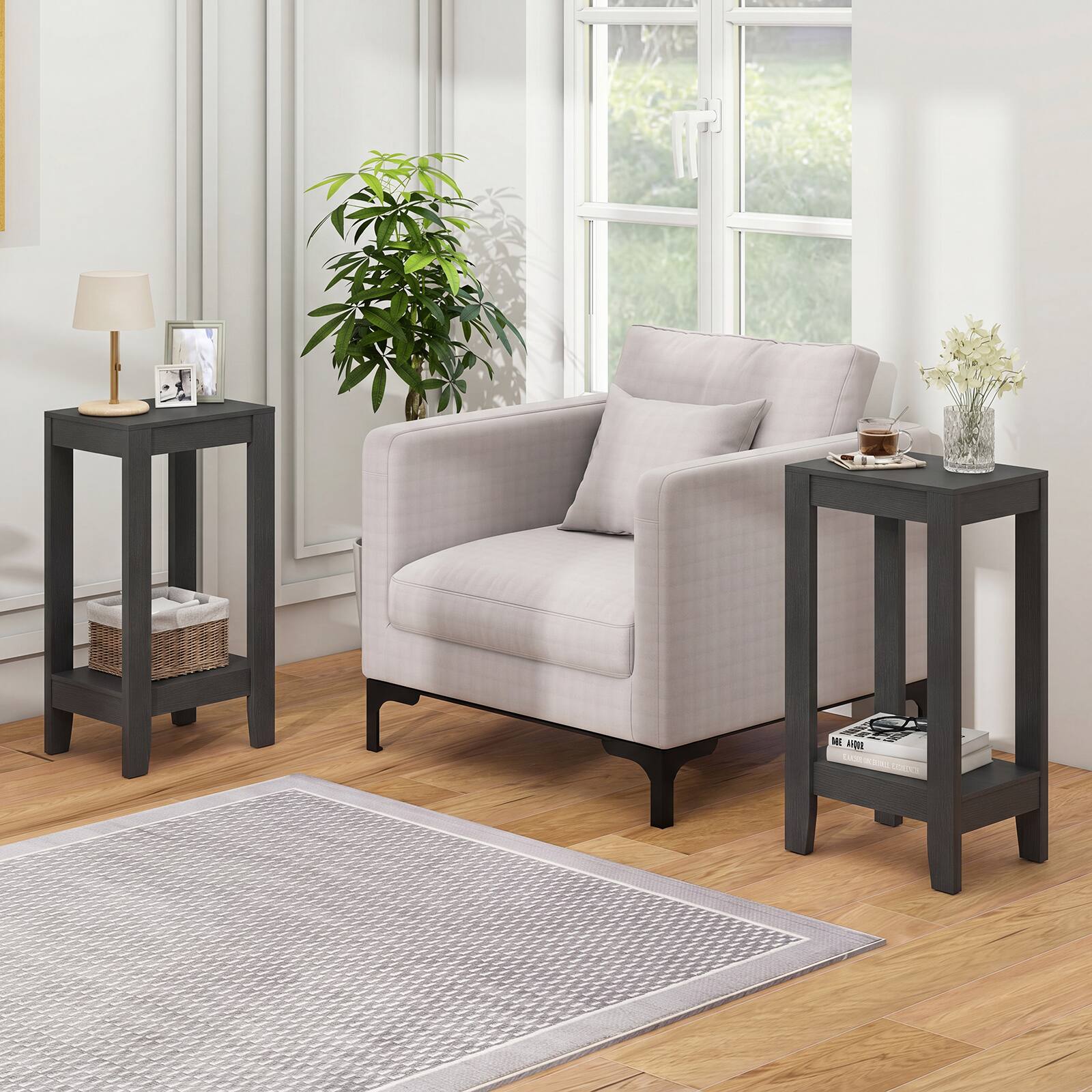 Alt View 1. Gymax - Gymax 2PCS 2-Tier Nightstand End Side Table Coffee Table Wooden Legs Bedroom Black - Black.