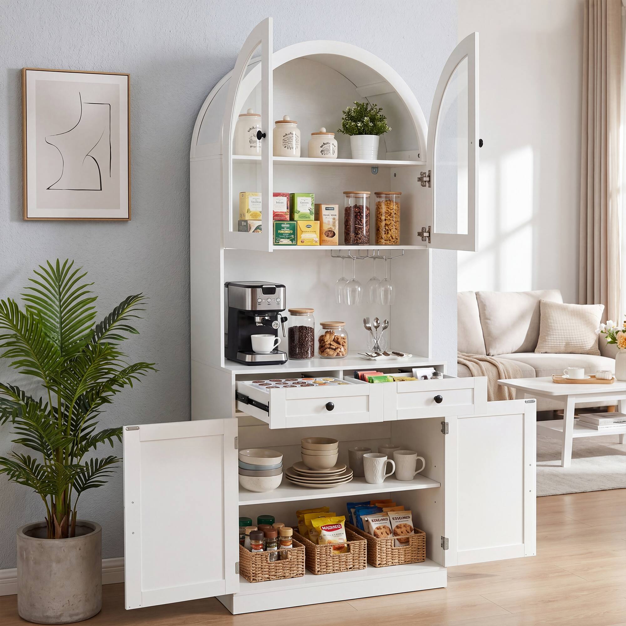 Left. Loheer - Loheer Farmhouse Pantry Cabinet, White Arched Coffee Bar Cabinet with Charging Station, Glass Doors, Adjustable Shelves - White.