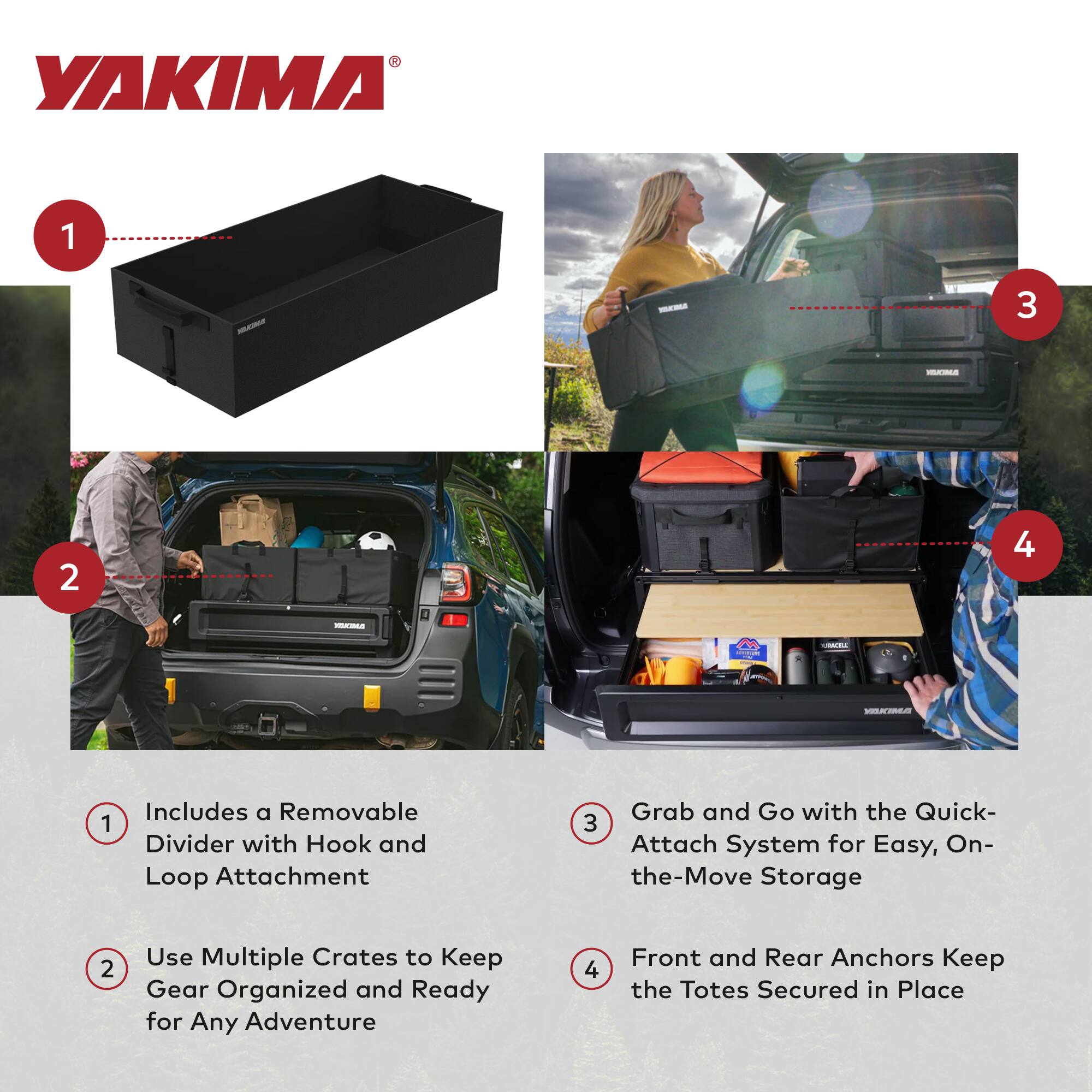 1. Includes a Removable Divider with Hook and Loop Attachment

2. Use Multiple Crates to Keep Gear Organized and Ready for Any Adventure

3. Grab and Go with the Quick-Attach System for Easy, On-the-Move Storage

4. Front and Rear Anchors Keep the Totes Secured in Place