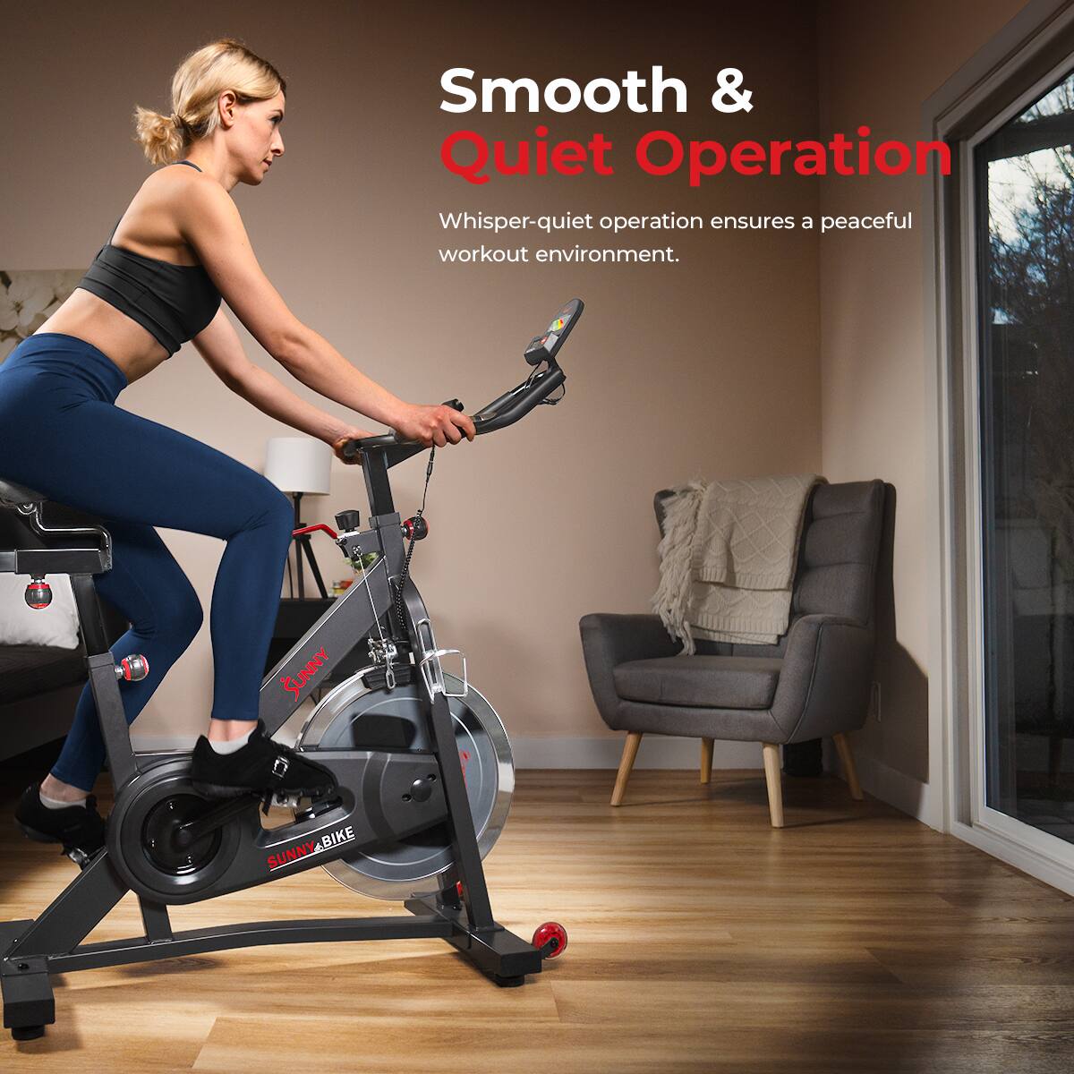Smooth & Quiet Operation
Whisper-quiet operation ensures a peaceful workout environment.
SUNNY BIKE