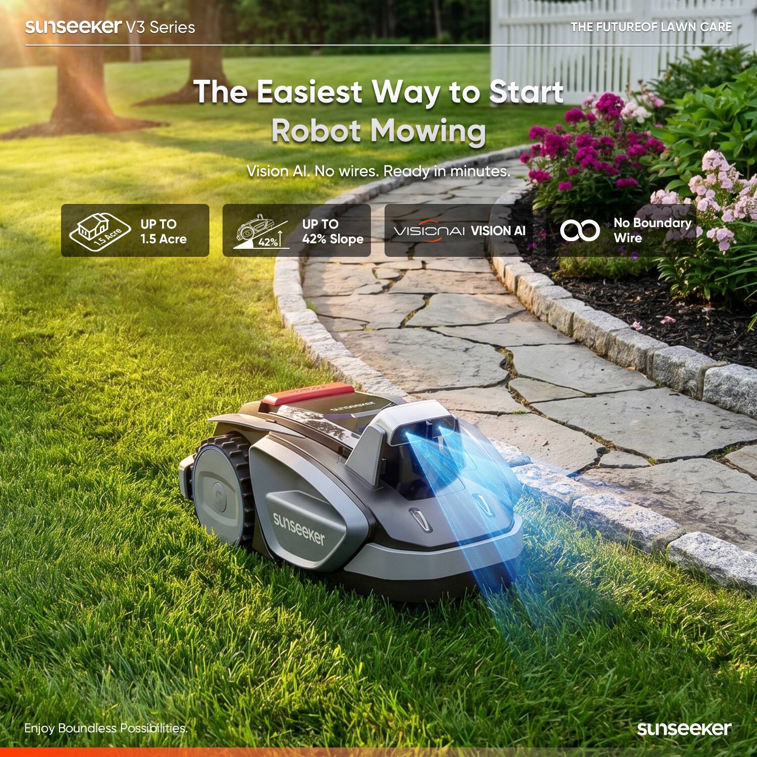 sunseeker V3 Series  
THE FUTURE OF LAWN CARE  
The Easiest Way to Start Robot Mowing  
Vision AI. No wires. Ready in minutes.  
UP TO 1.5 Acre  
UP TO 42% Slope  
VISIONAI  
No Boundary Wire  
Enjoy Boundless Possibilities.  
sunseeker