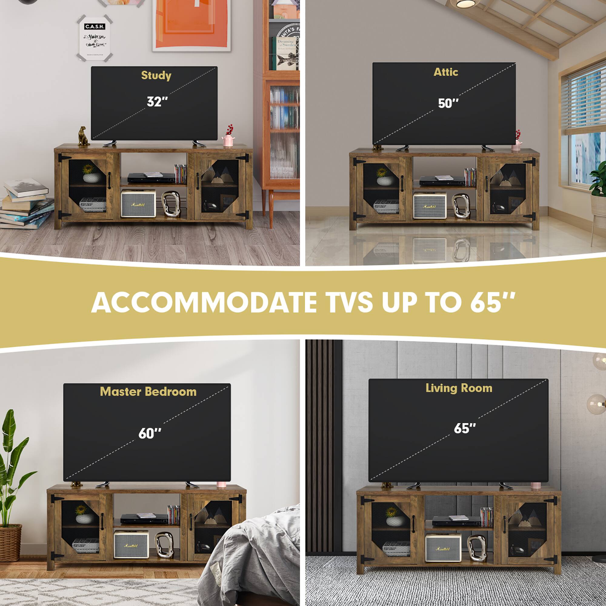 The text on the image is grouped and corrected as follows:

1. Accommodate TVs up to 65"
Master Bedroom
Living Room
60"
65"

This text describes the ability of the TV stand to accommodate TVs of different sizes, ranging from 32" to 65". The stand is suitable for use in both the master bedroom and living room, and it can support TVs with screen sizes of 60" and 65".