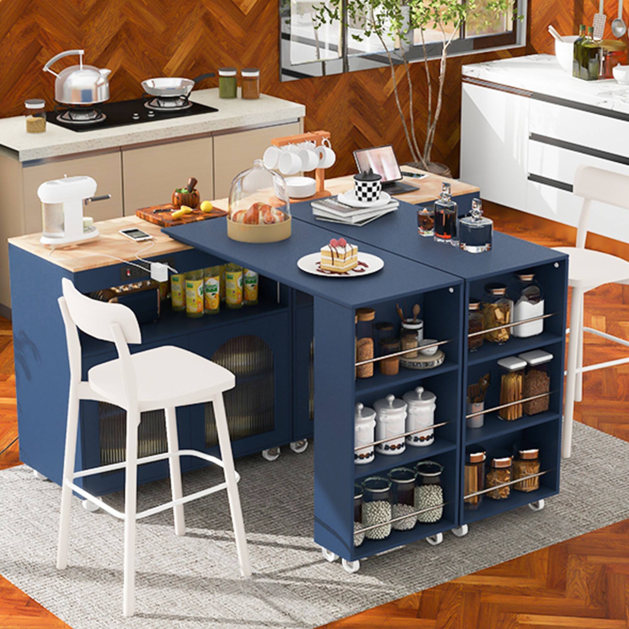 Alt View 1. PexFix - Rolling Kitchen Island Cart with Extended Table, LED Lighting and Power Outlets - Blue.