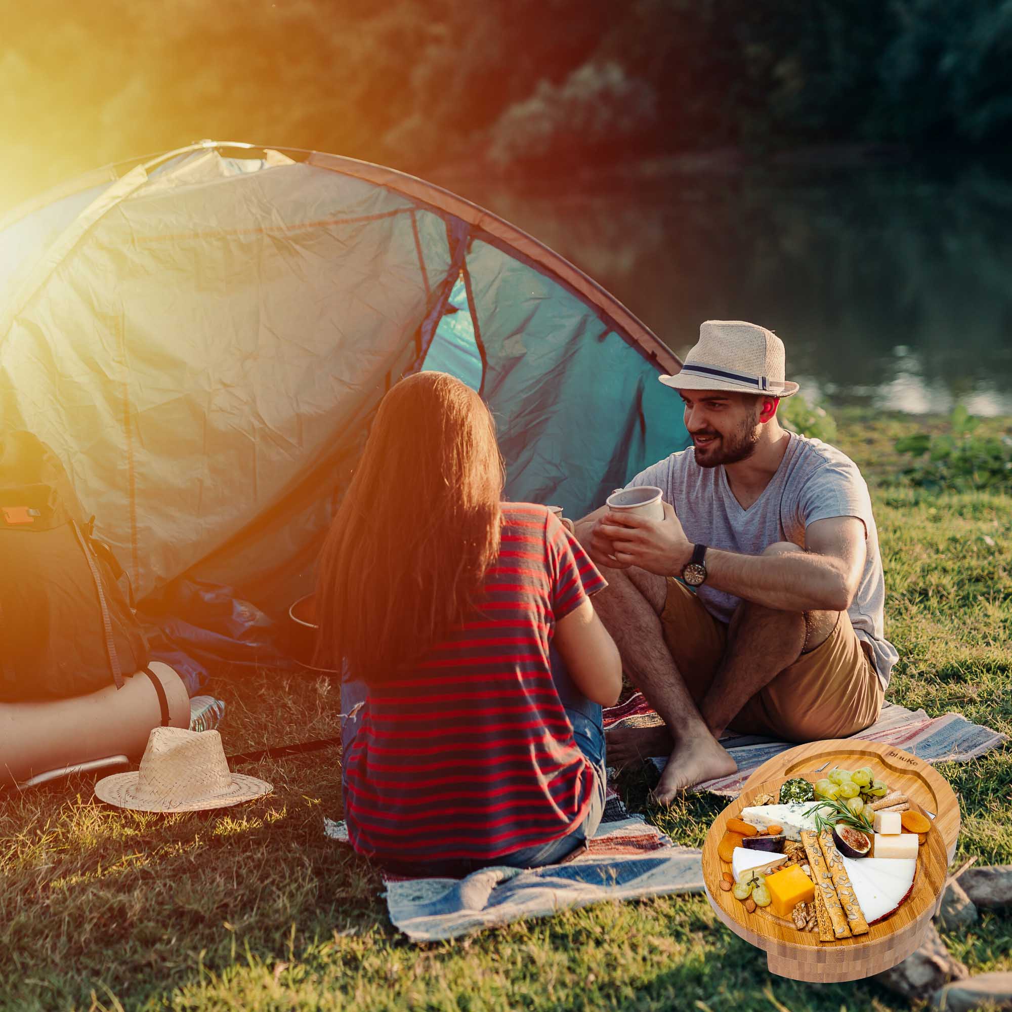 Alt View 2. BlauKe - Bamboo Cheese Board and Knife Set - 10-Inch Charcuterie Board with Slide-Out Drawer and Cheese Knives - Perfect Gift - Beige.