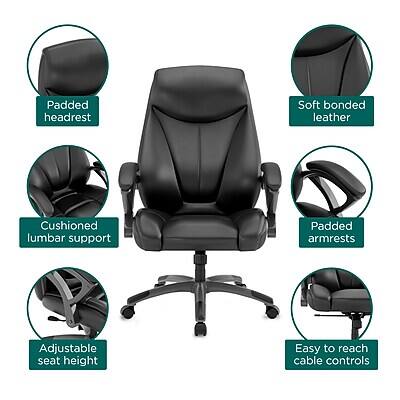 - Padded headrest
- Soft bonded leather
- Cushioned lumbar support
- Padded armrests
- Adjustable seat height
- Easy to reach cable controls