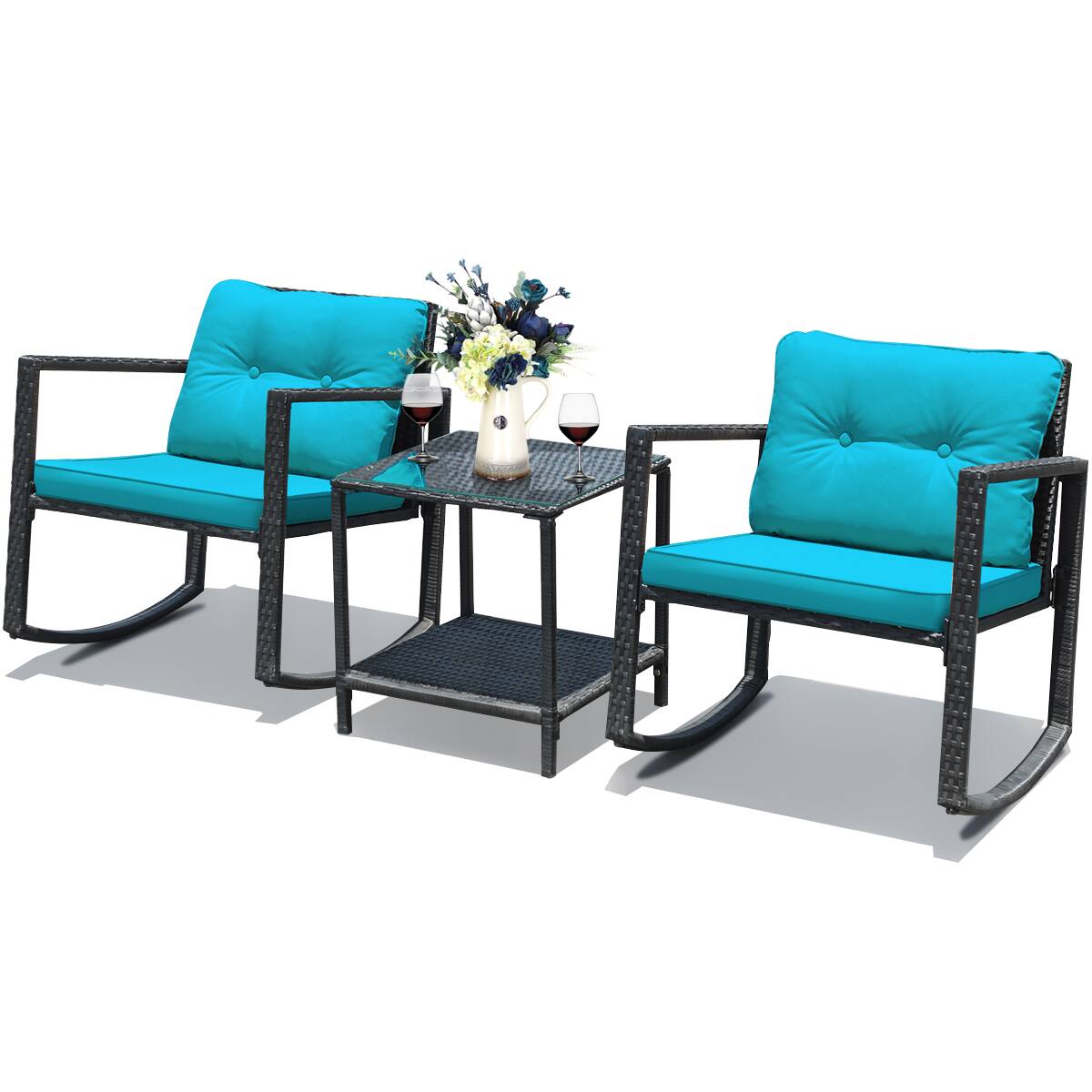Angle. Costway - 3PCS Patio Rattan Furniture Set Rocking Chairs Cushioned Conversation Set - Blue.