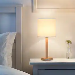 Oumilen - Natural Wood Table Lamp with Linen Shade, E26 Socket, 16.3in Tall Bedside Lamp for Bedroom Living Room
