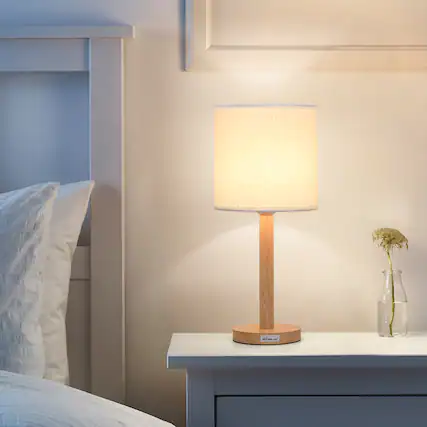 Front. Oumilen - Natural Wood Table Lamp with Linen Shade, E26 Socket, 16.3in Tall Bedside Lamp for Bedroom Living Room.