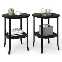 Gymax - 2PCS Round End Table Night Stand w/ Storage Shelf Modern Bedside Table - Black