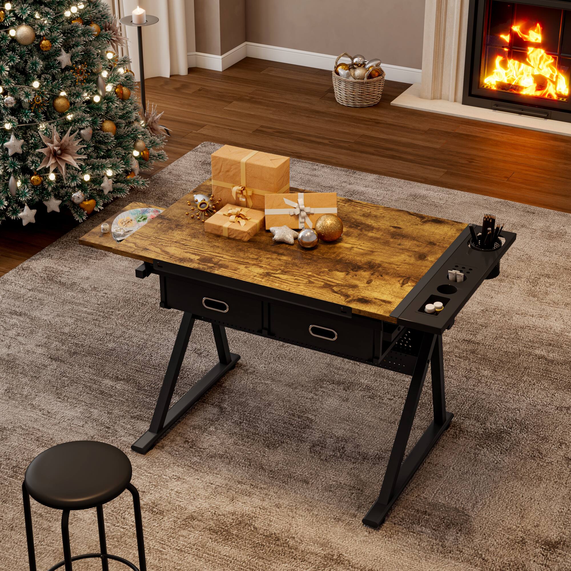 Back. GOODSILO - Professional Adjustable Drafting Table with Storage Drawers and Stool for Artists and Students - Black.