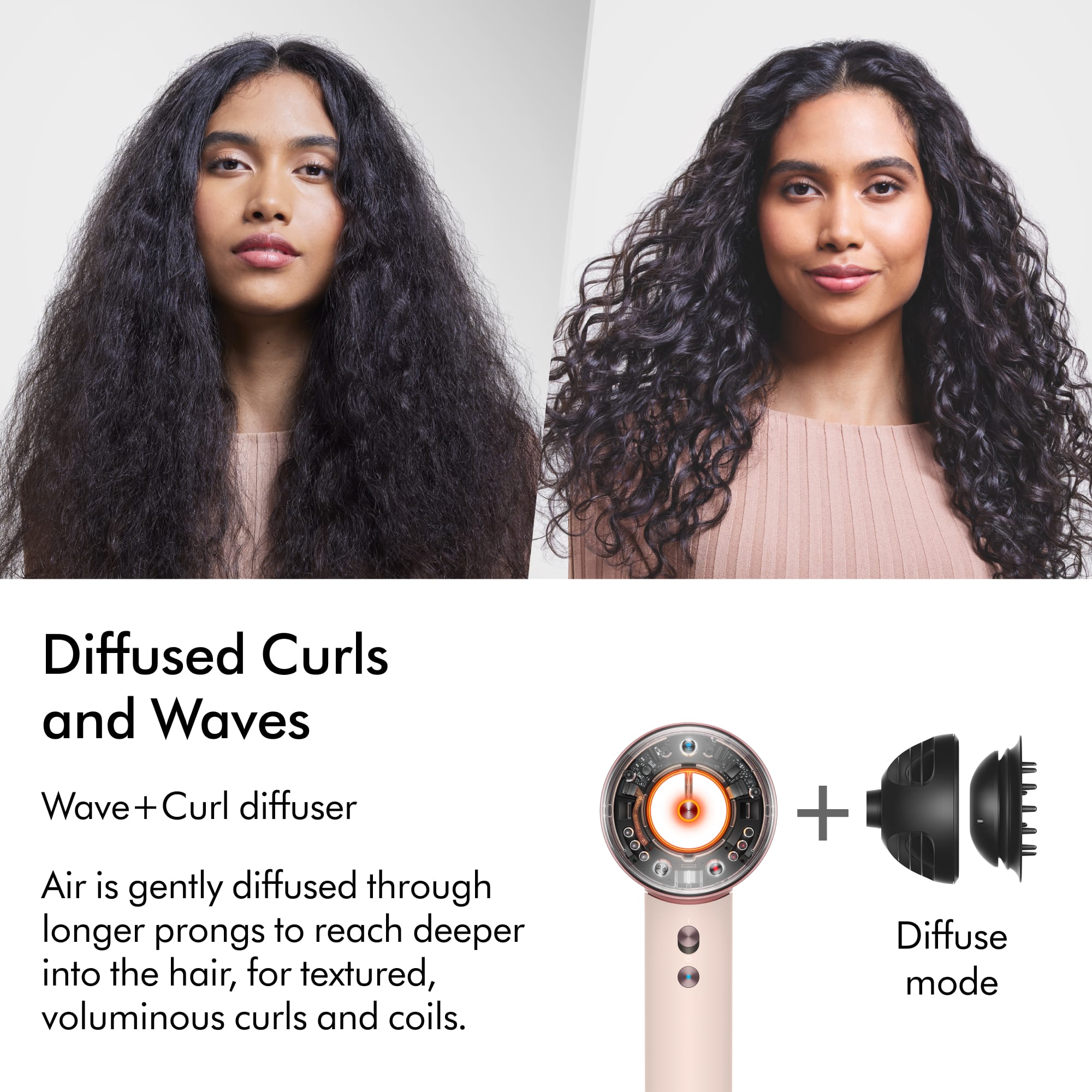 Diffused Curls and Waves Wave + Curl diffuser Air is gently diffused through longer prongs to reach deeper into the hair, for textured, voluminous curls and coils. + Diffuse mode