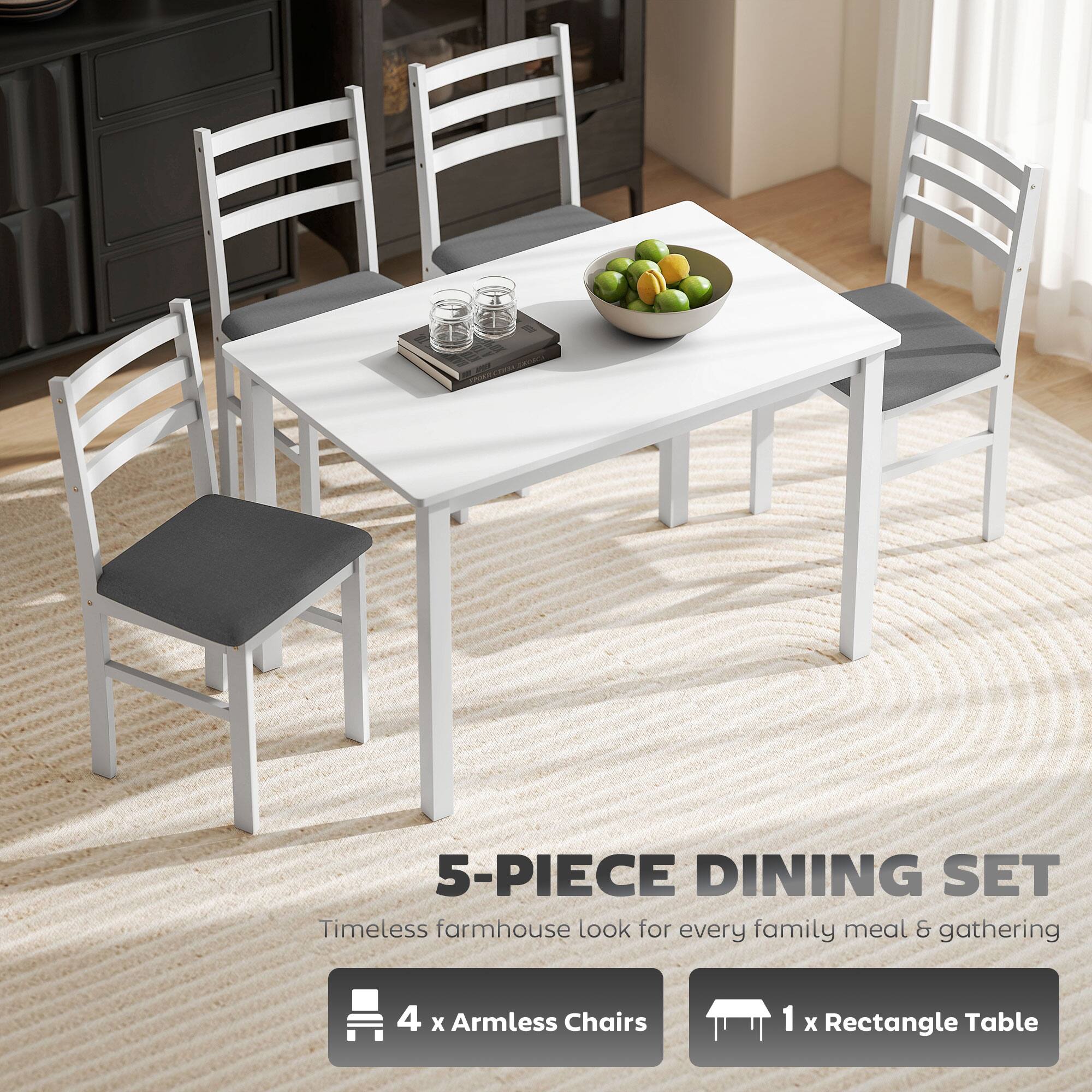 5-PIECE DINING SET  
Timeless farmhouse look for every family meal & gathering  
4 x Armless Chairs  
1 x Rectangle Table