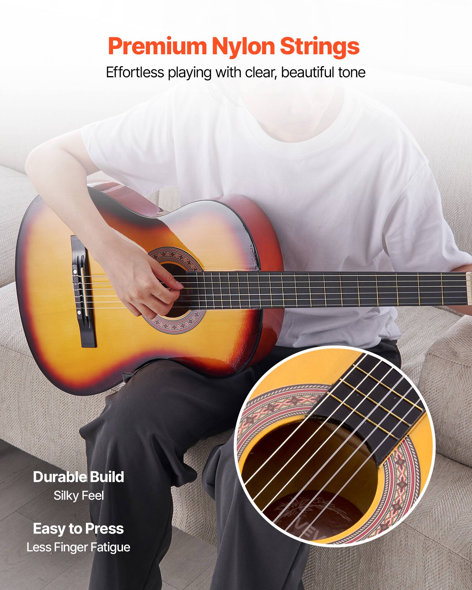 Premium Nylon Strings  
Effortless playing with clear, beautiful tone  

Durable Build  
Silky Feel  
Easy to Press  
Less Finger Fatigue