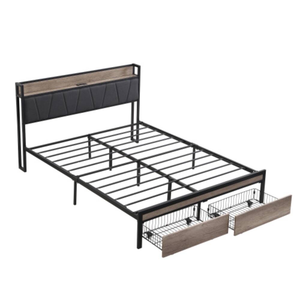Alt View 1. LUCKY ONE - Queen Size Platform Bed Frame with Wooden Headboard and Footboard, Heavy Duty Steel, No Box Spring Needed, 13in Storage - Black+Grey.