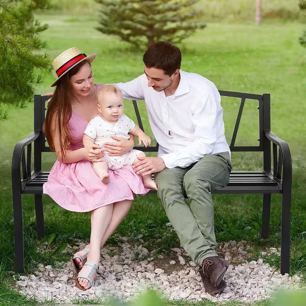 Angle. Hivvago - Black Metal 2-Person Outdoor Garden Bench with Armrest - 660 lbs. Max Weight - Black.