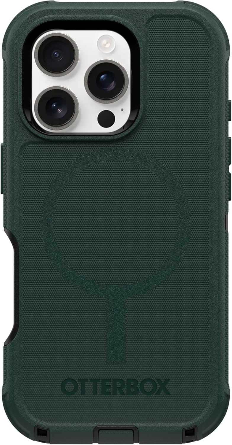 Left. OtterBox - OtterBox - Defender Series Pro Hard Shell for MagSafe for Apple iPhone 16 Pro - Cinder Cashew (Green & Black).
