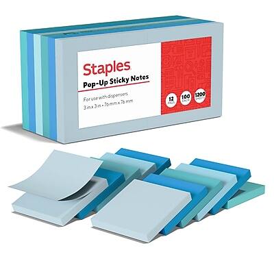 Staples Pop-Up Sticky Notes  
For use with dispensers  
3 in x 3 in (76 mm x 76 mm)  
12 sheets per pad  
100 pads  
1200 sheets total