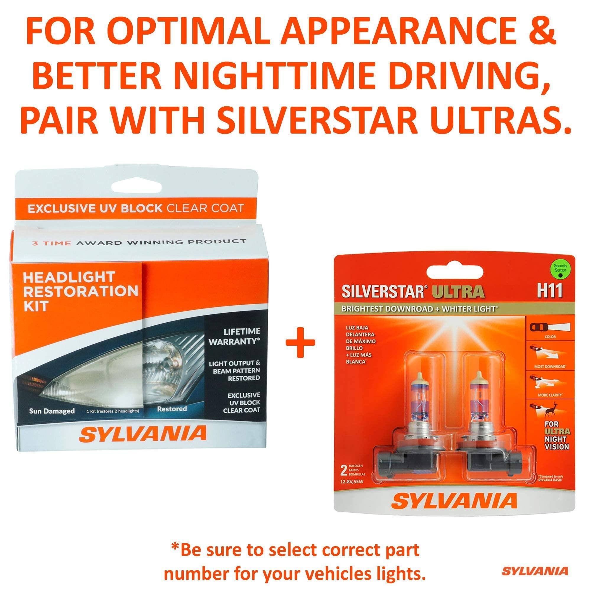 FOR OPTIMAL APPEARANCE & BETTER NIGHTTIME DRIVING, PAIR WITH SILVERSTAR ULTRAS.

EXCLUSIVE UV BLOCK CLEAR COAT  
3 TIME AWARD WINNING PRODUCT  
HEADLIGHT RESTORATION KIT  
LIFETIME WARRANTY*  
LIGHT OUTPUT & BEAM PATTERN RESTORED  
SILVERSTAR ULTRA  
BRIGHTEST DOWNROAD + WHITER LIGHT  

LUE BAJA DELANTERA + DE MAXIMO BRILLO  
L MAS BLANCA  

H11  

*Be sure to select correct part number for your vehicles lights.

SYLVANIA