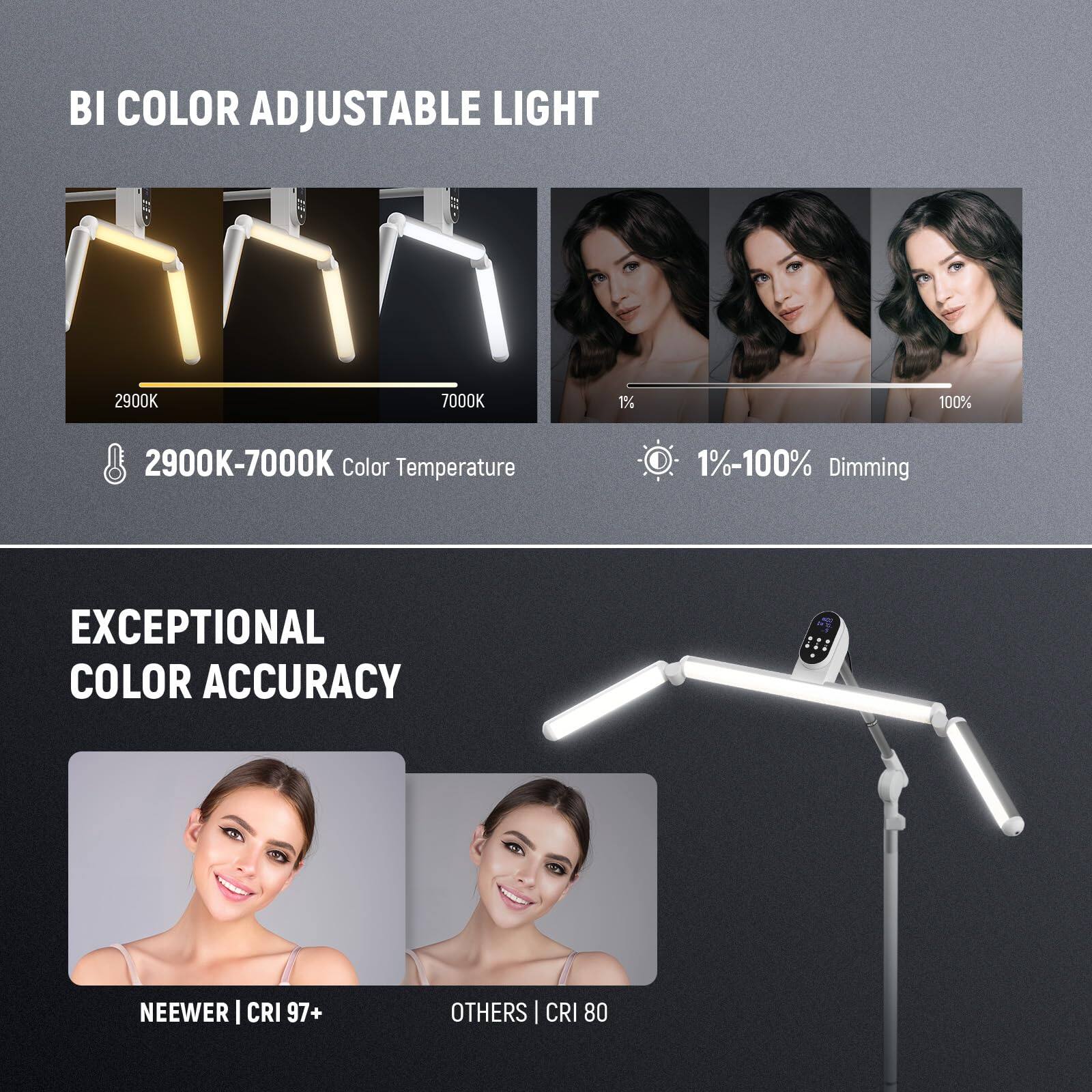 BI COLOR ADJUSTABLE LIGHT

2900K-7000K Color Temperature

1%-100% Dimming

EXCEPTIONAL COLOR ACCURACY

NEEWER | CRI 97+

OTHERS | CRI 80