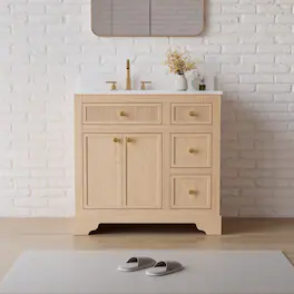 WELLFOR - ALLSTAR 36 in. Freestanding Solid Wood Bath Vanity with Quartz Top, Single Sink, Soft Close, Assembled - Light Brown