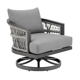 Armen Living - Zella Outdoor Patio Swivel Armchair in Aluminum with Light Gray Rope and Cushions - Earl Gray
