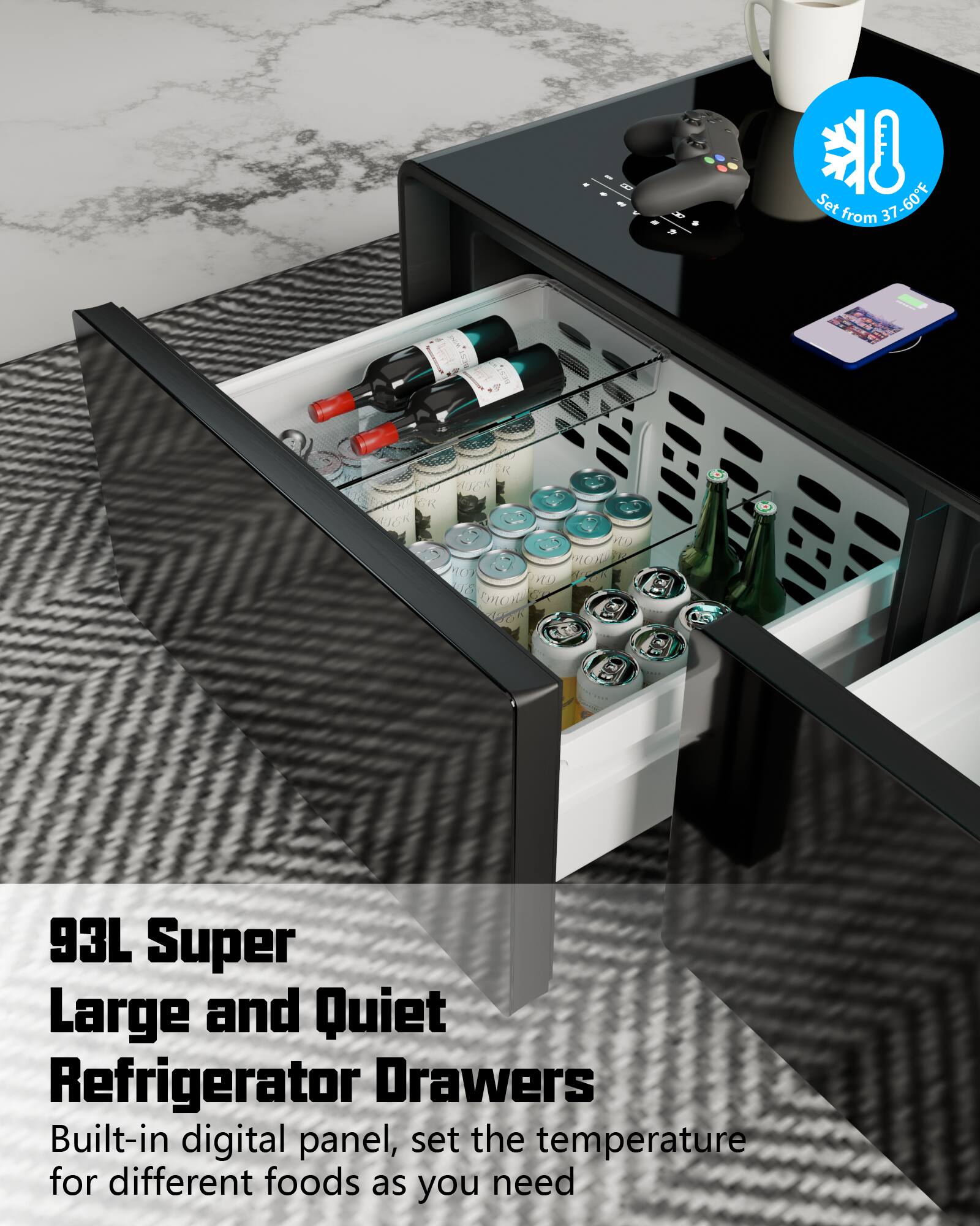 The text on the image reads: "E X  60F Set 37 from F 93L Super Large and Quiet Refrigerator Drawers Built-in digital panel, set the temperature for different foods as you need."