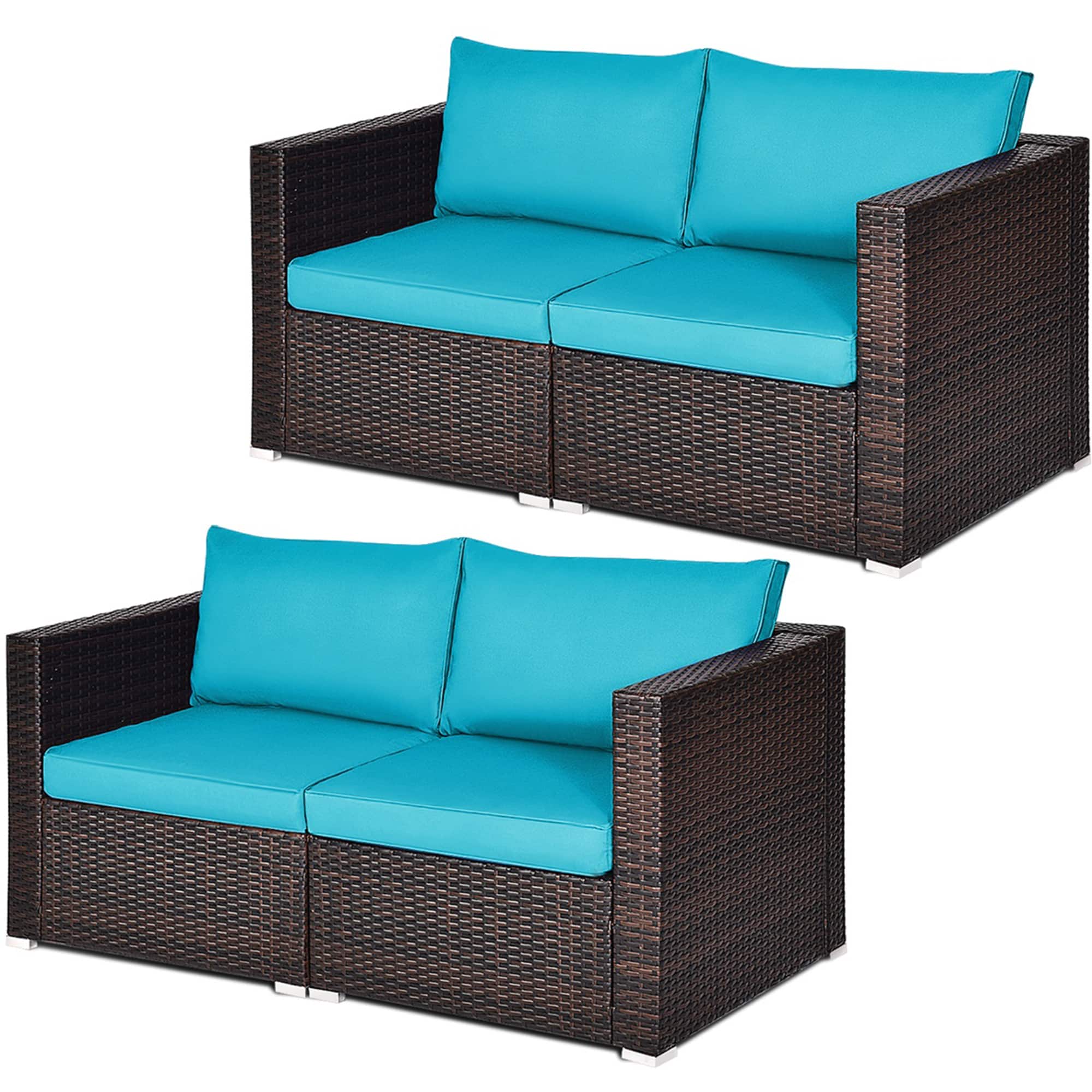 Gymax - 4PCS Rattan Corner Sofa Set Patio Outdoor Furniture Set w/ Cushions - Blue