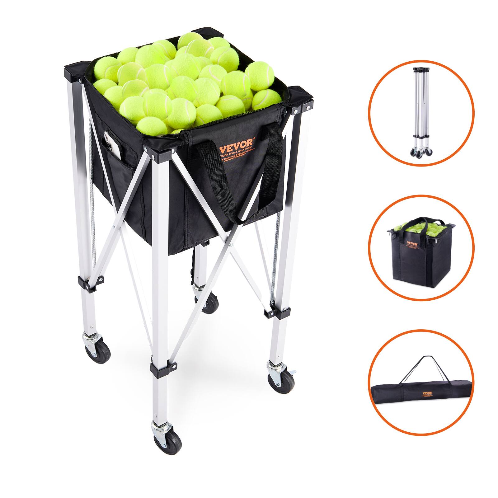 Alt View 5. VEVOR - Foldable Tennis Ball Hopper, Holds 180 Tennis Balls, Lightweight Aluminum Alloy Tennis Ball Basket Cart with Wheels - Black, Silver.