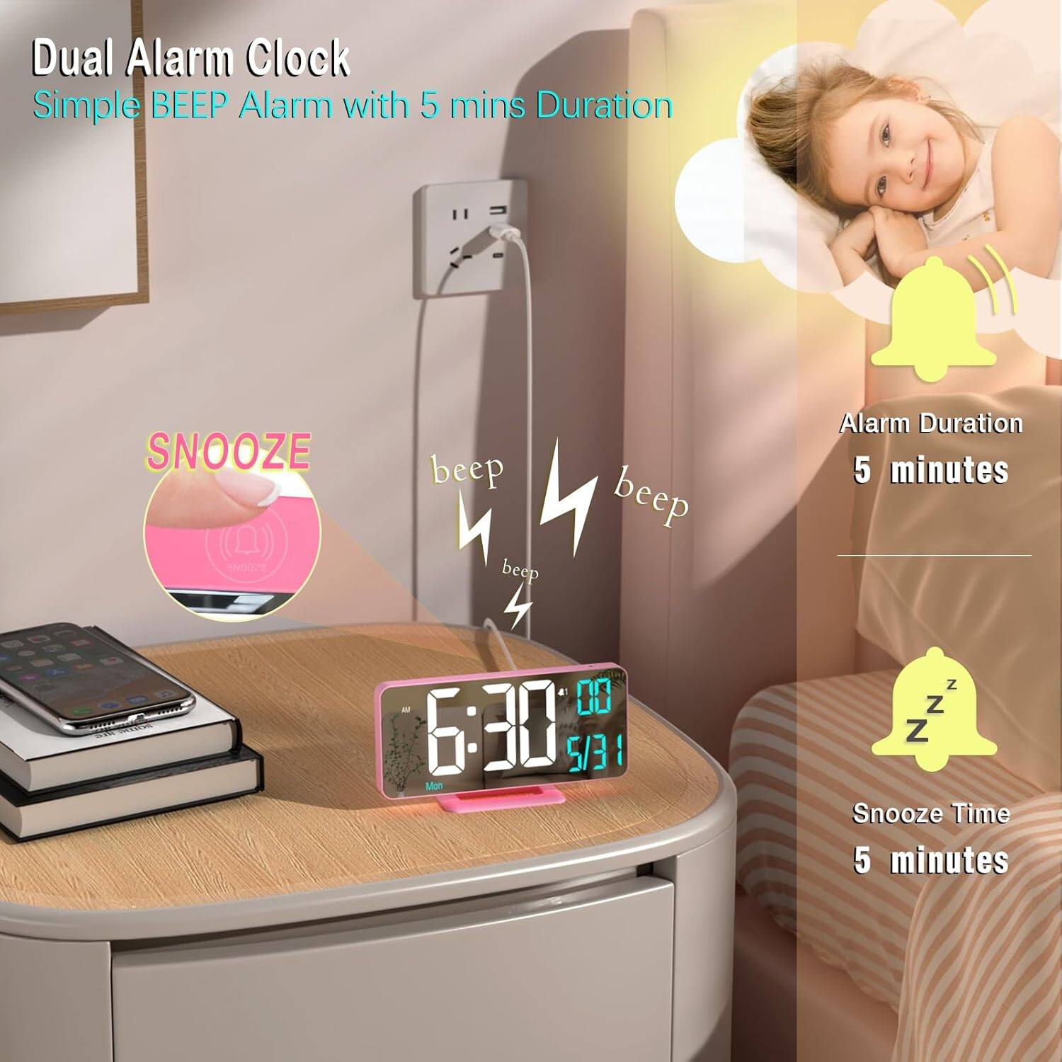 Dual Alarm Clock  
Simple BEEP Alarm with 5 mins Duration  

SNOOZE  
beep  
beep  
beep  

Alarm Duration  
5 minutes  

Snooze Time  
5 minutes