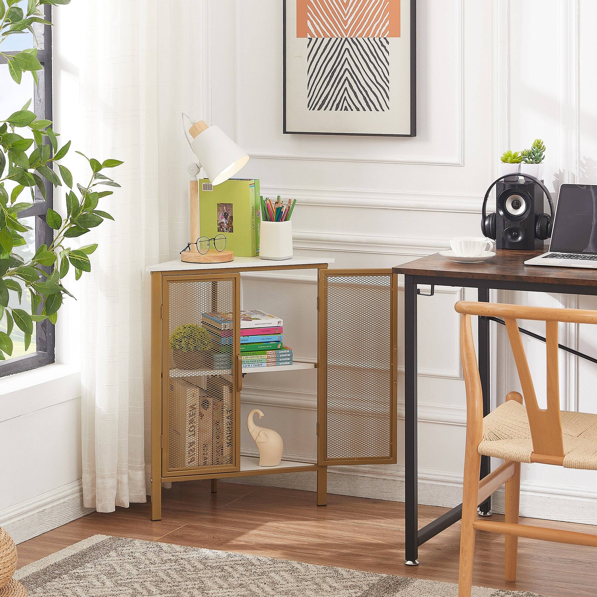 Alt View 2. Vecelo - Triangle Corner Storage Cabinet with Doors, Small Corner Cabinet with Shelves for Bathroom,Entryway - Gold.