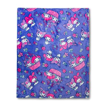 Front. The Northwest Group - Sanrio My Melody and Kuromi Flower Baskets Sherpa Throw Blanket | 50 x 60 Inches - Blue.