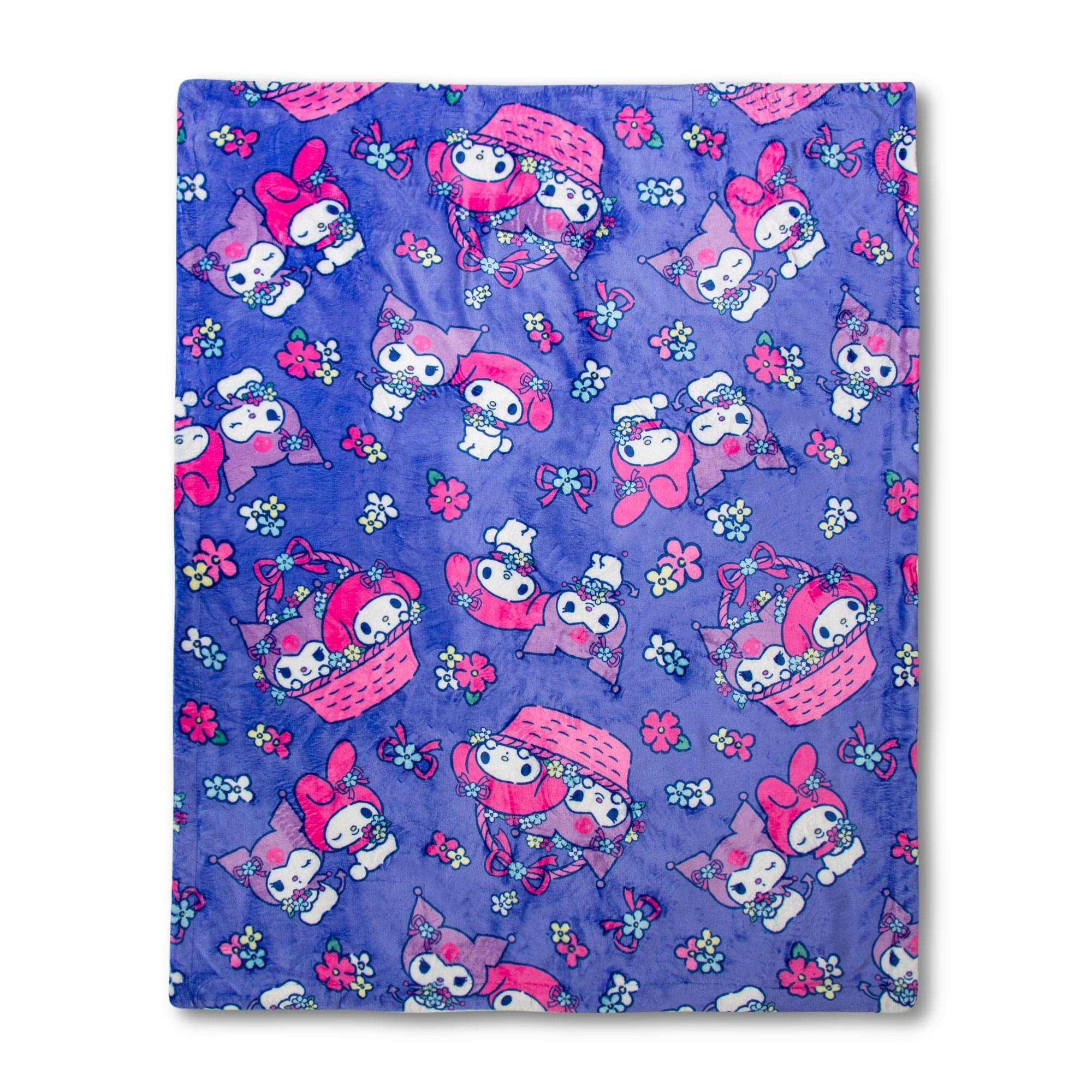 Front. The Northwest Group - Sanrio My Melody and Kuromi Flower Baskets Sherpa Throw Blanket | 50 x 60 Inches - Blue.