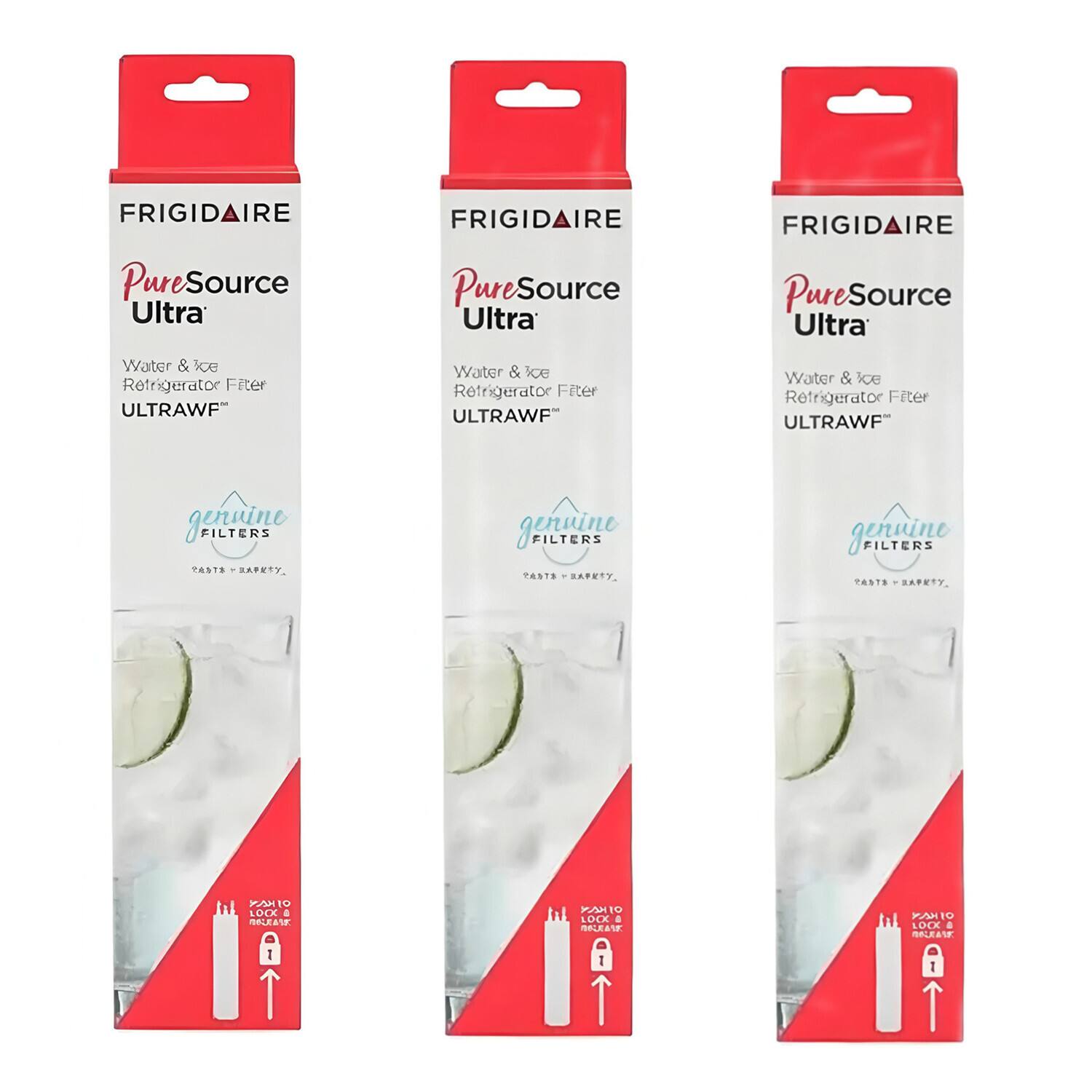 FRIGIDAIRE PureSource Ultra  
Water & Ice Refrigerator Filter ULTRAWF™  
genuine FILTERS  
TASTE - Purity - Health  

FRIGIDAIRE PureSource Ultra  
Water & Ice Refrigerator Filter ULTRAWF™  
genuine FILTERS  
TASTE - Purity - Health  

FRIGIDAIRE PureSource Ultra  
Water & Ice Refrigerator Filter ULTRAWF™  
genuine FILTERS  
TASTE - Purity - Health  

PASTO LOCK  
10 LOCK  
1