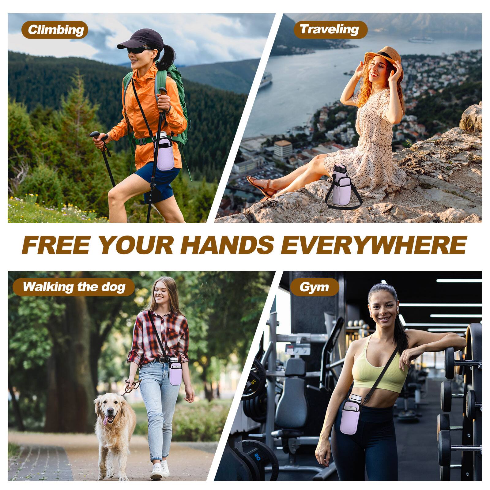 Climbing  
Traveling  
FREE YOUR HANDS EVERYWHERE  
Walking the dog  
Gym