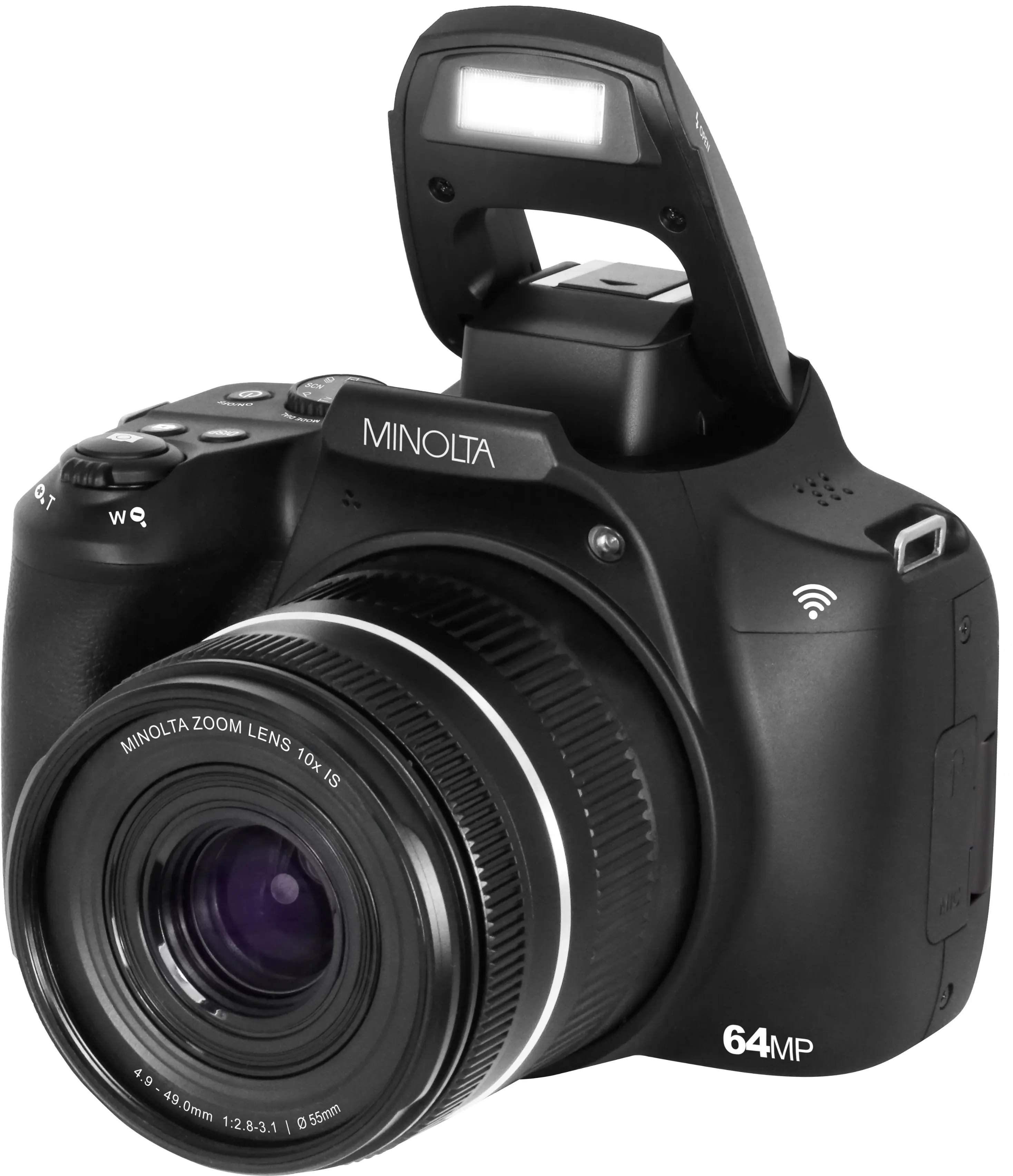 The image features a Minolta camera with a zoom lens attached to it. The lens has a 10x zoom capability, and it is a 49mm lens with a 1:2.8-3.1 aperture. The camera is black and has a 64MP sensor.