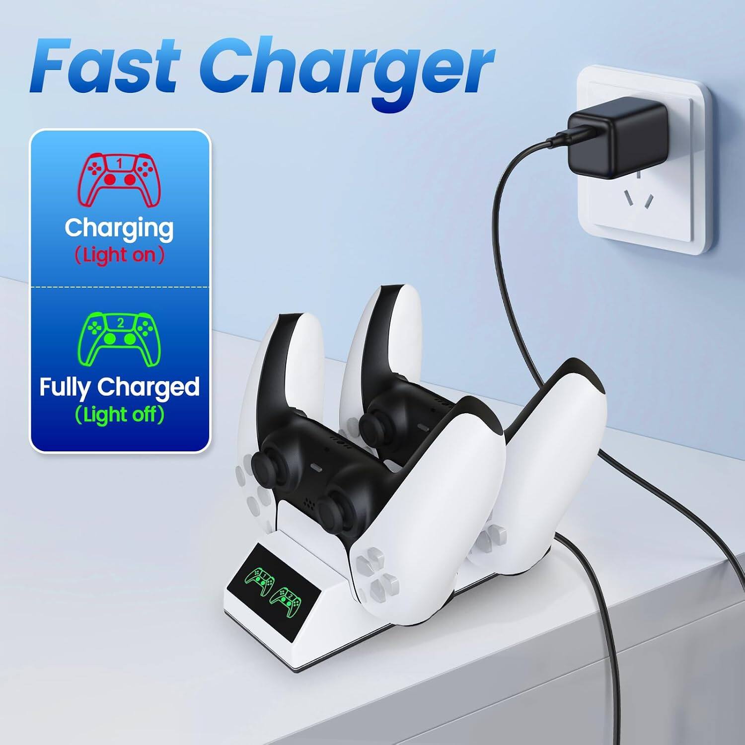 Fast Charger

1. Charging (Light on)
2. Fully Charged (Light off)