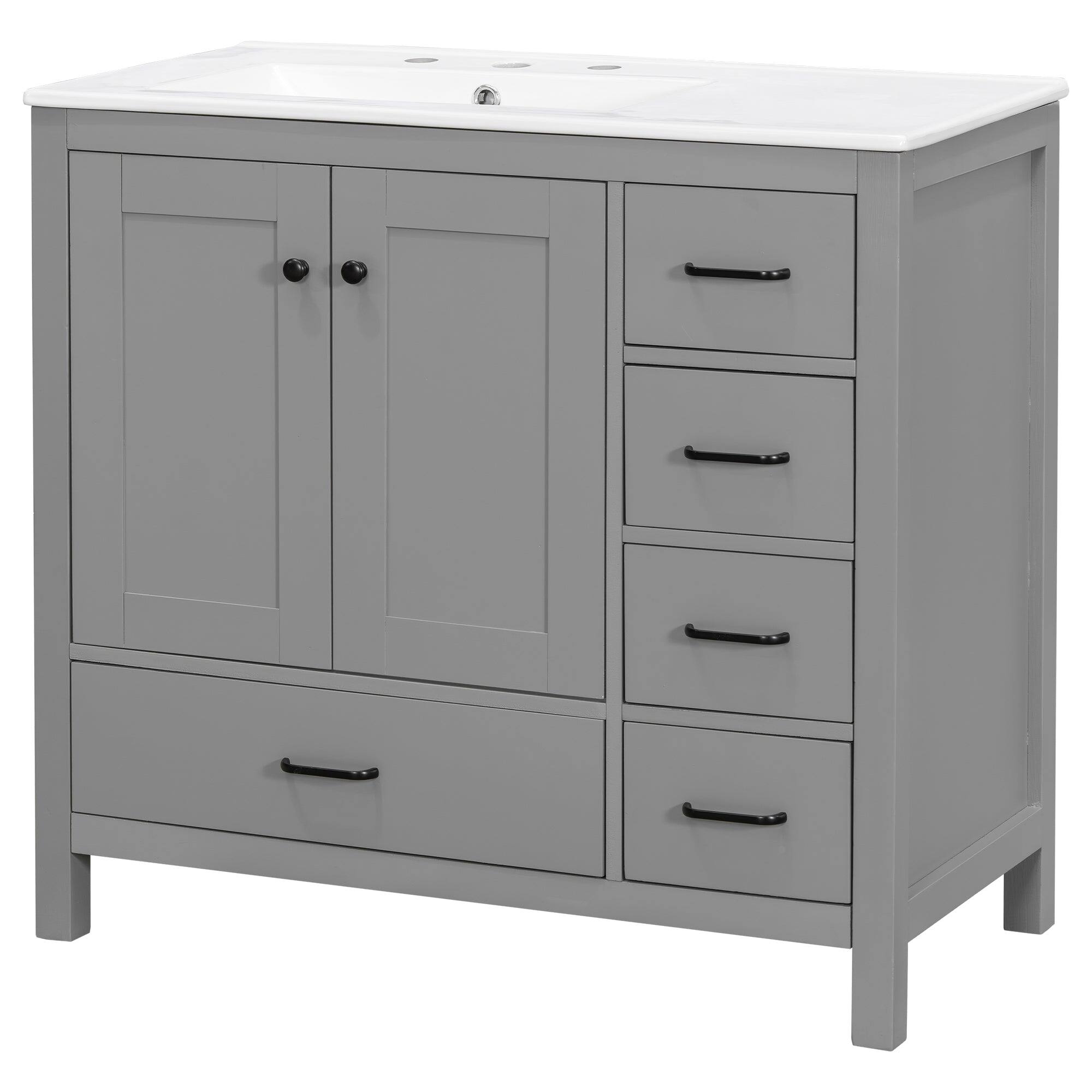 Angle. Boyel Living - 36 Inch Gray Bathroom Vanity with Ceramic Sink 2 Soft Close Doors 5 Drawers Solid Wood and MDF Black Handles - Blue.