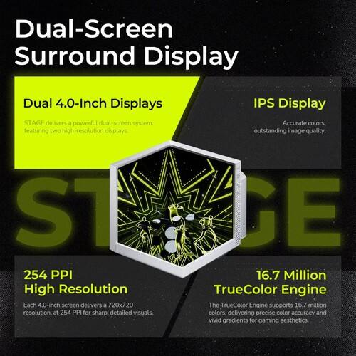 Dual-Screen Surround Display

Dual 4.0-Inch Displays
IPS Display

STAGE delivers a powerful dual-screen system, featuring two high-resolution displays. Accurate colors, outstanding image quality.

254 PPI High Resolution
Each 4.0-inch screen delivers a 720x720 resolution, at 254 PPI for sharp, detailed visuals.

16.7 Million TrueColor Engine
The TrueColor Engine supports 16.7 million colors, delivering precise color accuracy and vivid gradients for gaming aesthetics.