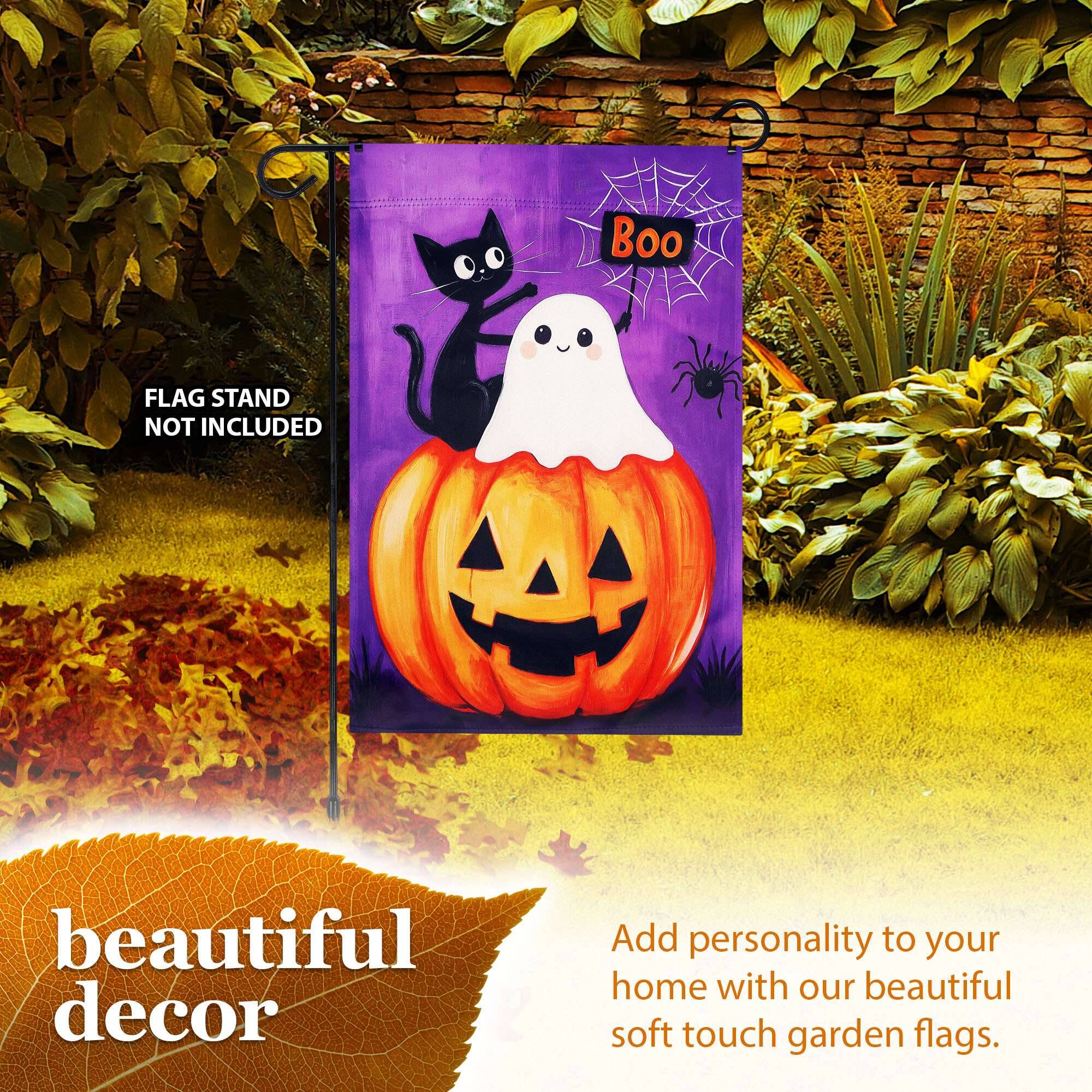 Boo  
FLAG STAND NOT INCLUDED  
beautiful decor  
Add personality to your home with our beautiful soft touch garden flags.