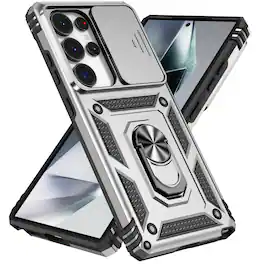 Dteck - Rotatable Ring Kickstand Case for Samsung Galaxy S24 Ultra, Heavy-Duty Rugged Slide Camera Back Cover - Silver
