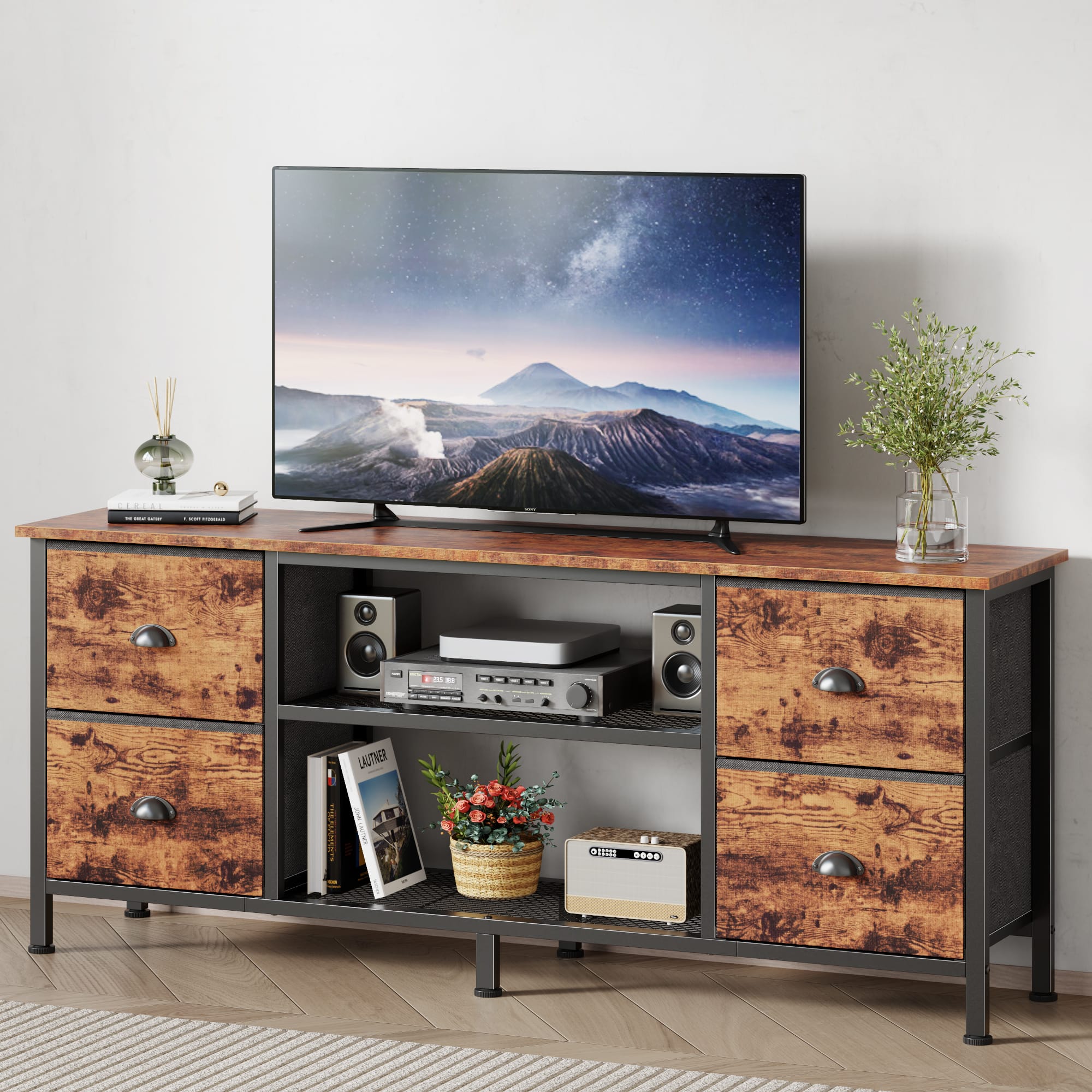 Furnulem - 63 In Modern TV Stand Home Entertainment Center with 4 Drawers Media Console with Storage for Living Room - Brown