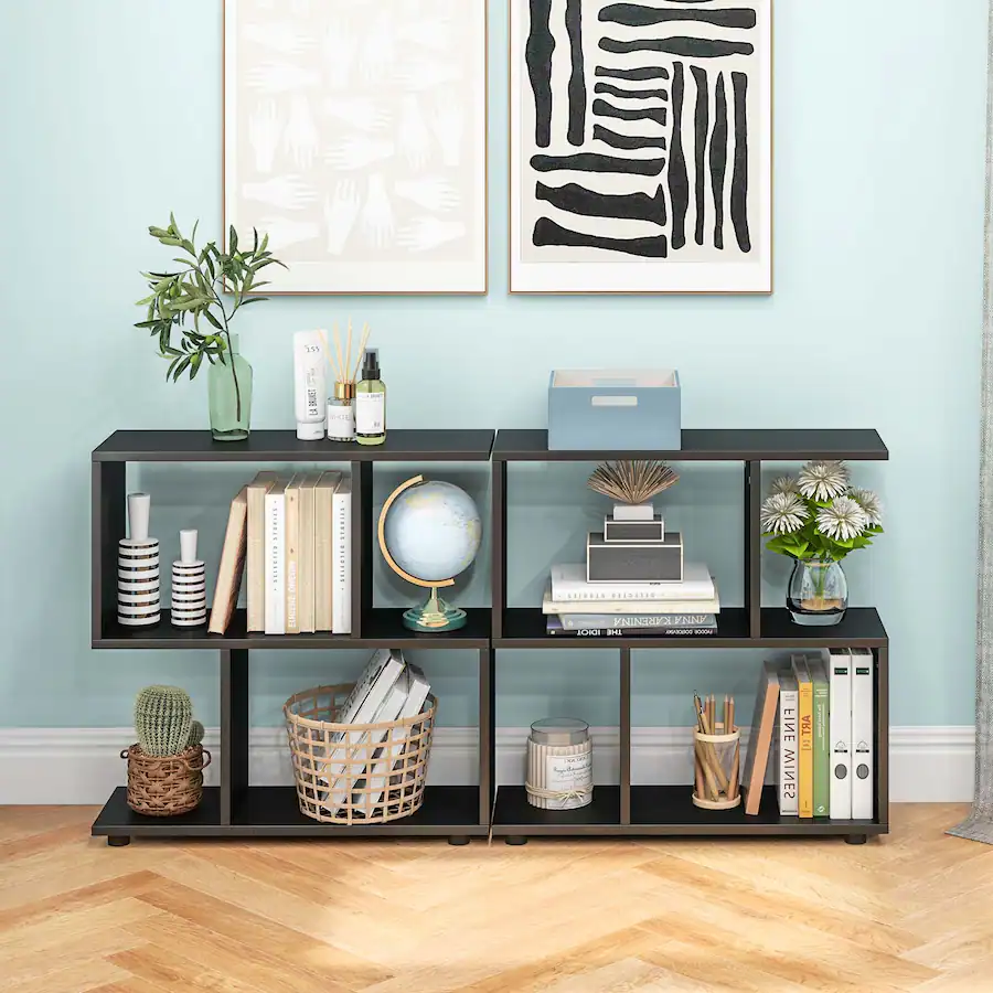 Costway 2 PCS 2 Tier Bookshelf Free Standing Wooden Display S Shaped ...